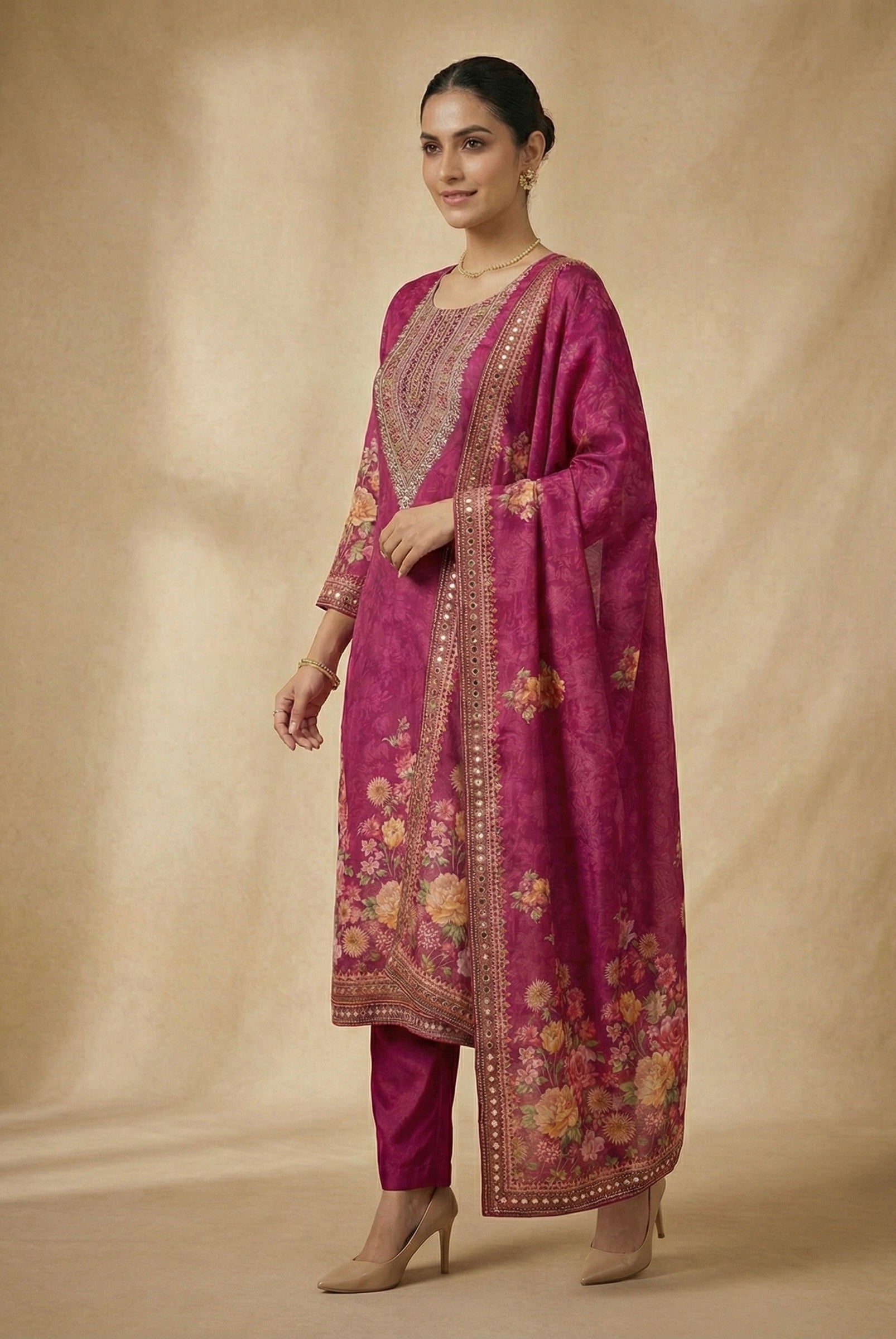 The Royal Magenta: Premium Chinon Floral Suit Set with Handwork