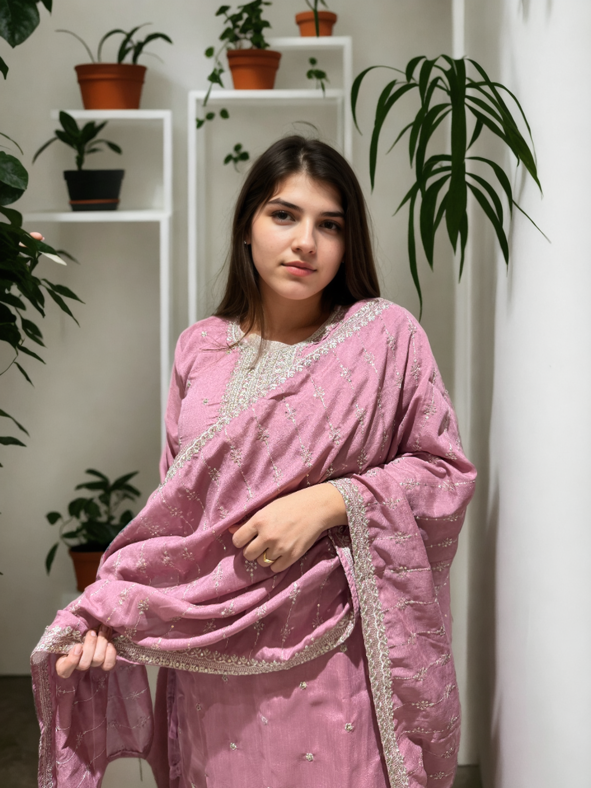 Timeless Charm: Embroidered Afghani Suit Set with Shimmer Detailing