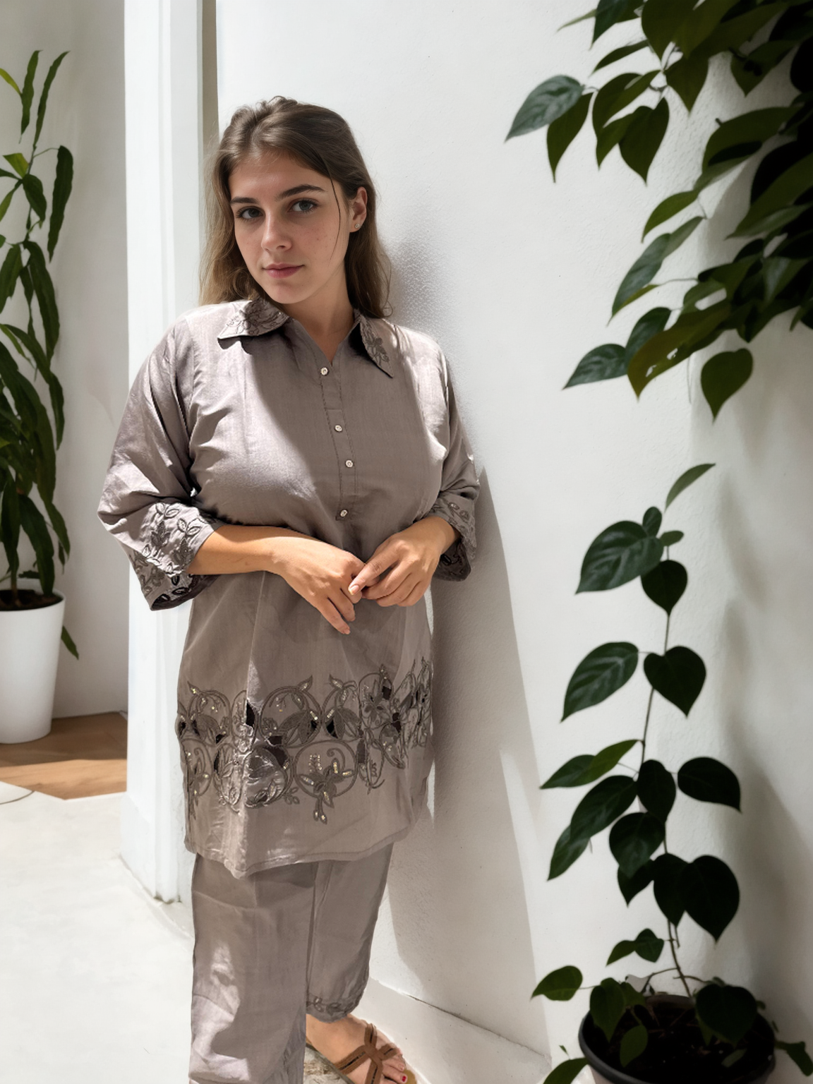 Ziva Cutwork Coord Set – Roman Silk | M to XXL