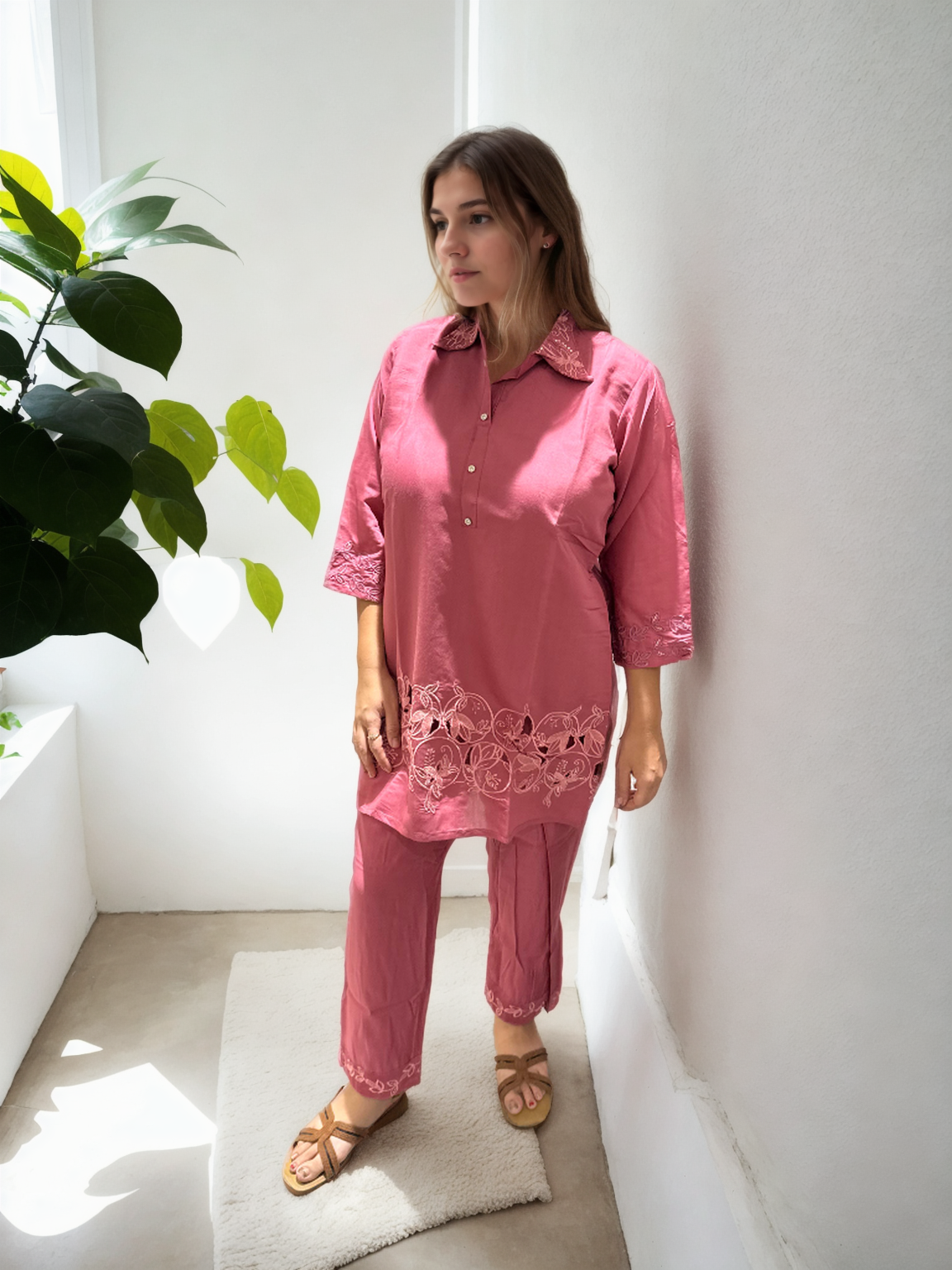 Ziva Cutwork Coord Set – Roman Silk | M to XXL