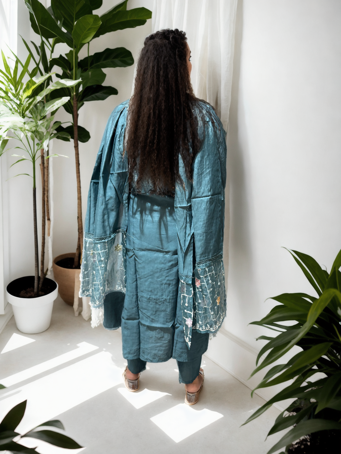 Elegant Beads Work Suit Set on Roman Silk – Available in Pink, Teal Blue & Beige