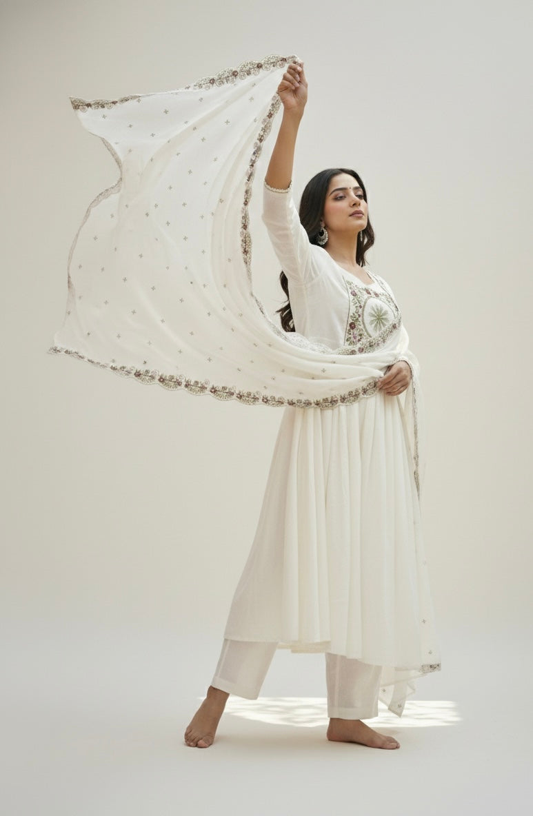 The Ethereal Ivory Mul Chanderi Embroidered Ghera Set