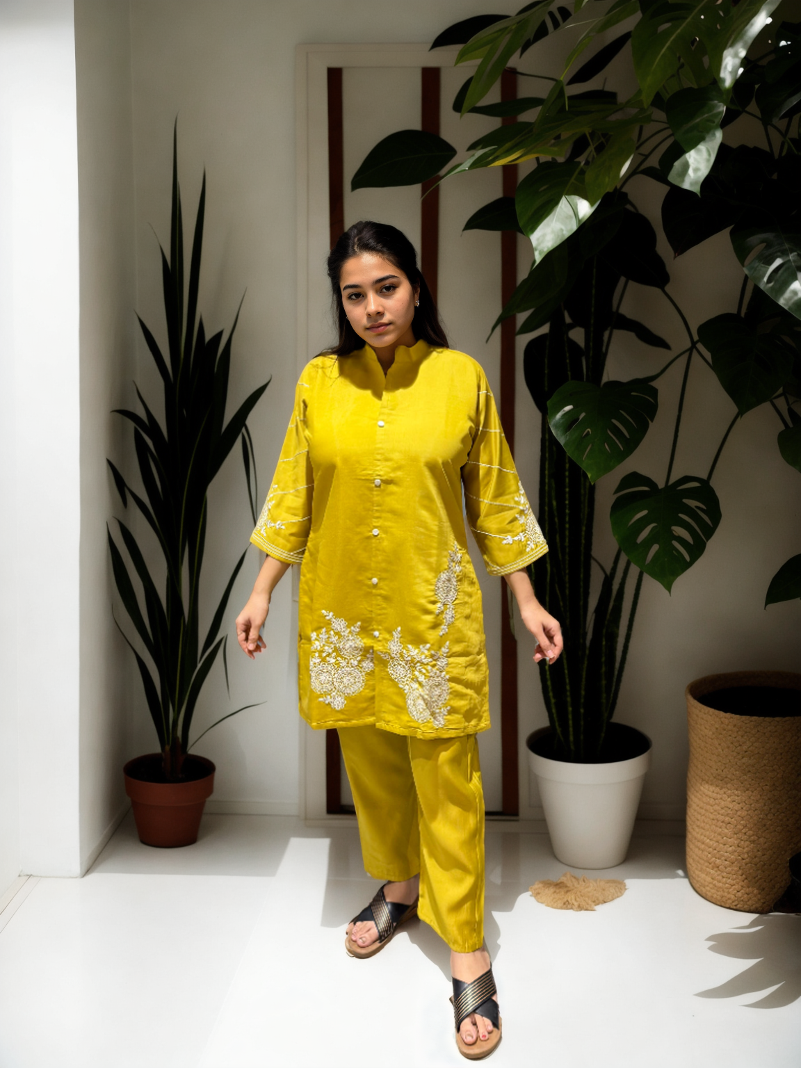 Elegant Embroidered Co-ord Set in Roman Silk – Pink | Yellow