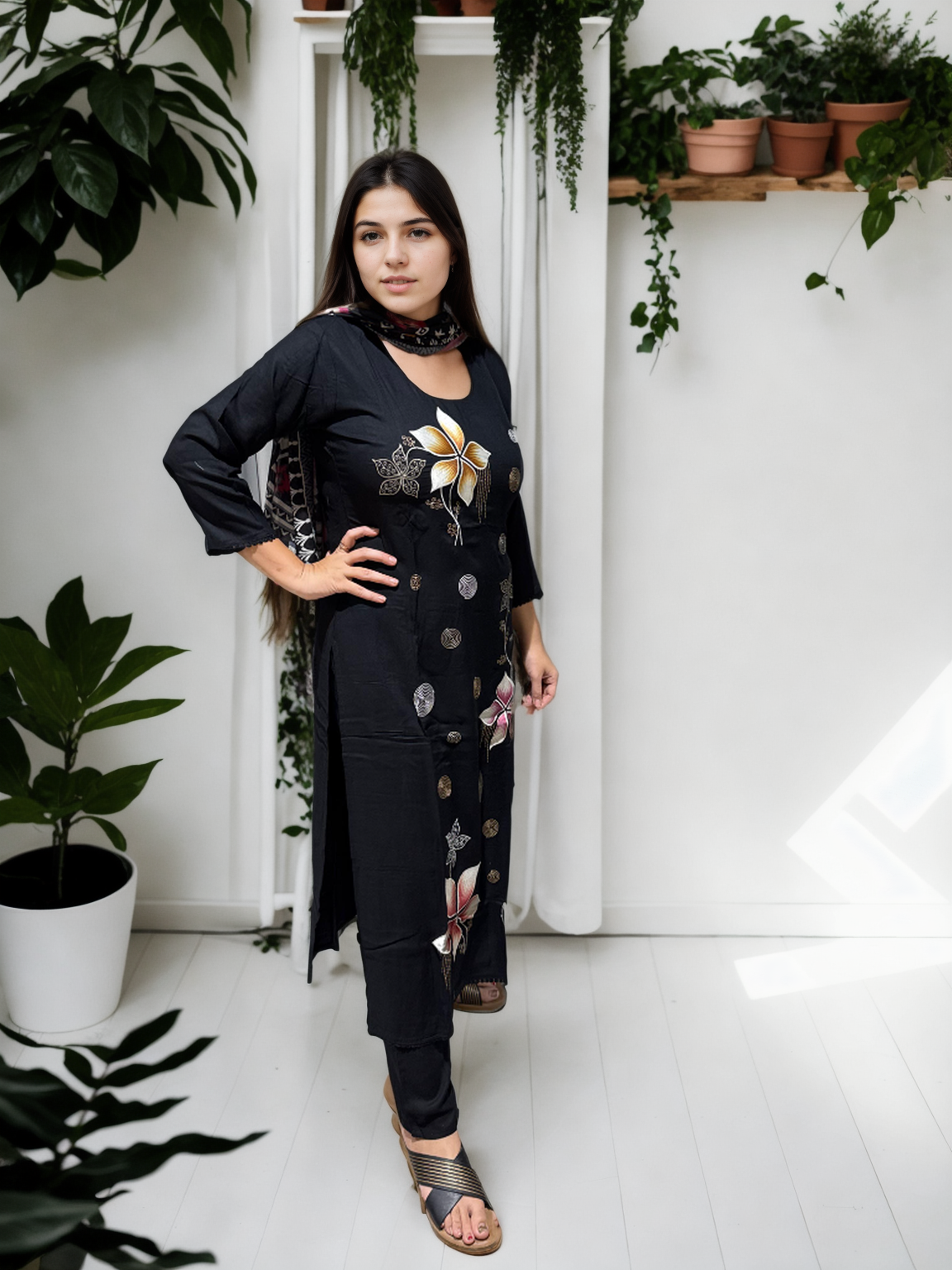 Midnight Bloom Cotton Suit Set with Digital Embroidery | Signature Collection