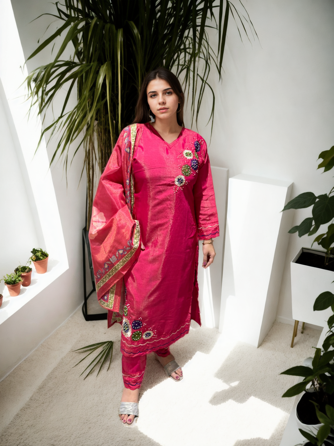 🌟 Shimmer Silk Suit with Digital Dupatta, Embroidery & Pearl Handwork – 3 Colors 🌟