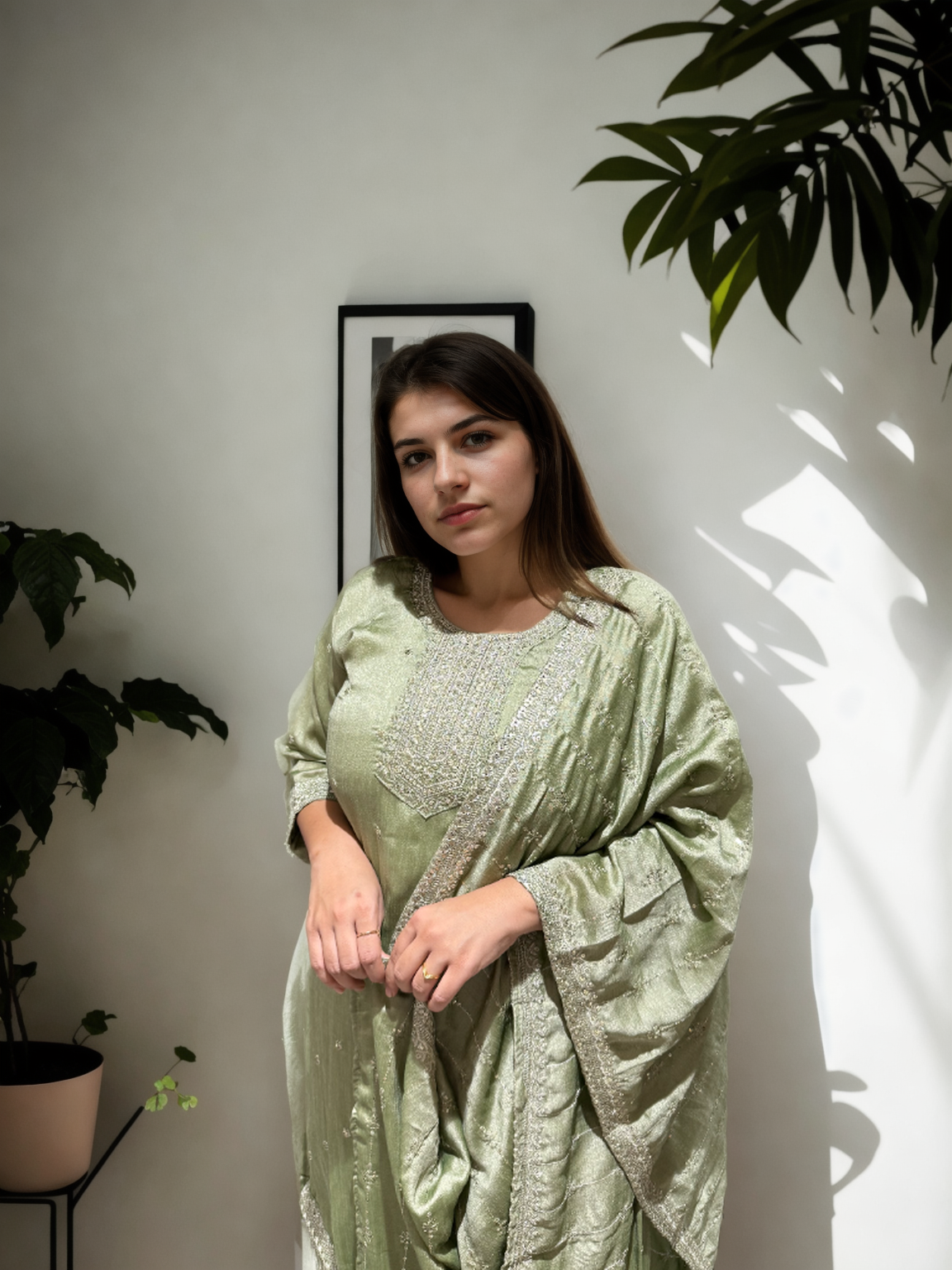 Timeless Charm: Embroidered Afghani Suit Set with Shimmer Detailing