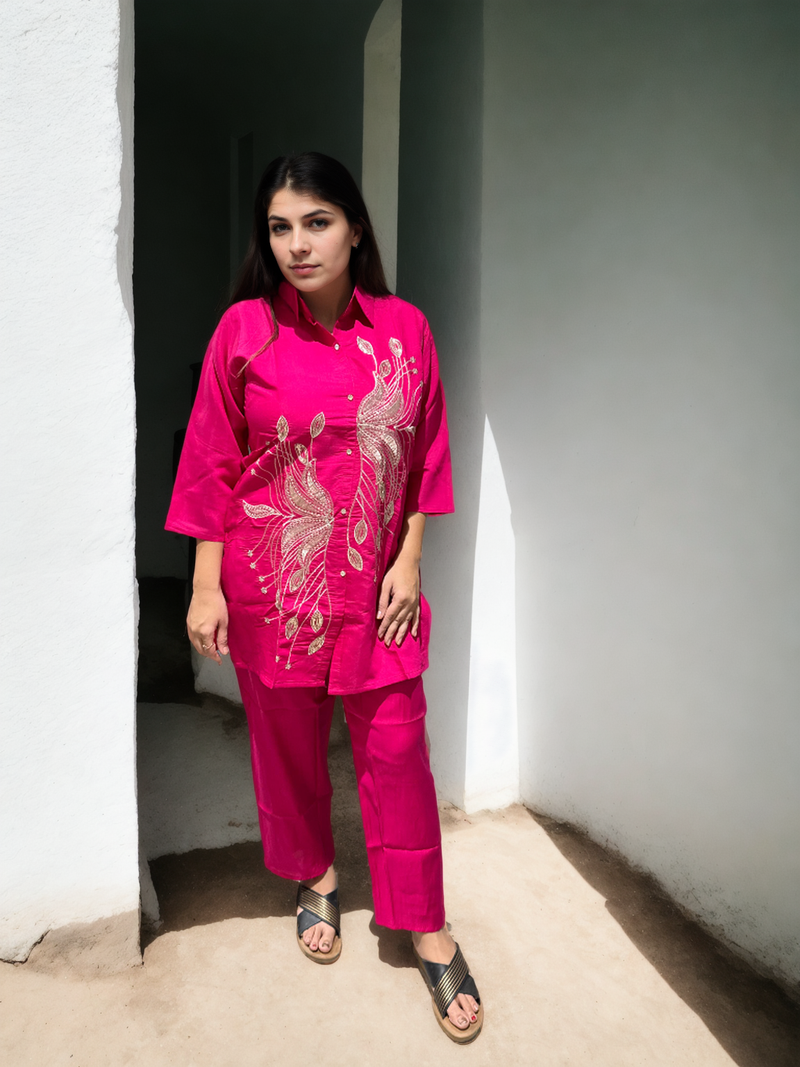 Peacock Bloom Embroidered Coord Set in Roman Silk (WITH INNER)