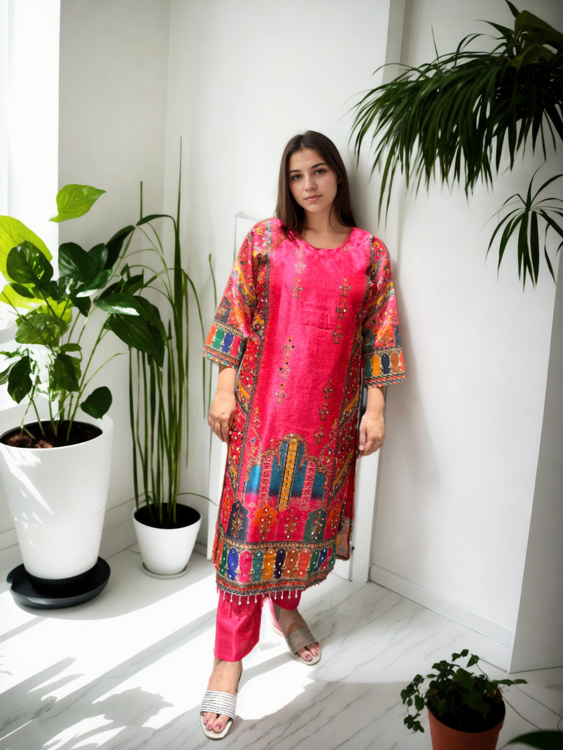 Hot Pink Gadwal Silk Mirror Work Suit Set with American Cotton Inner