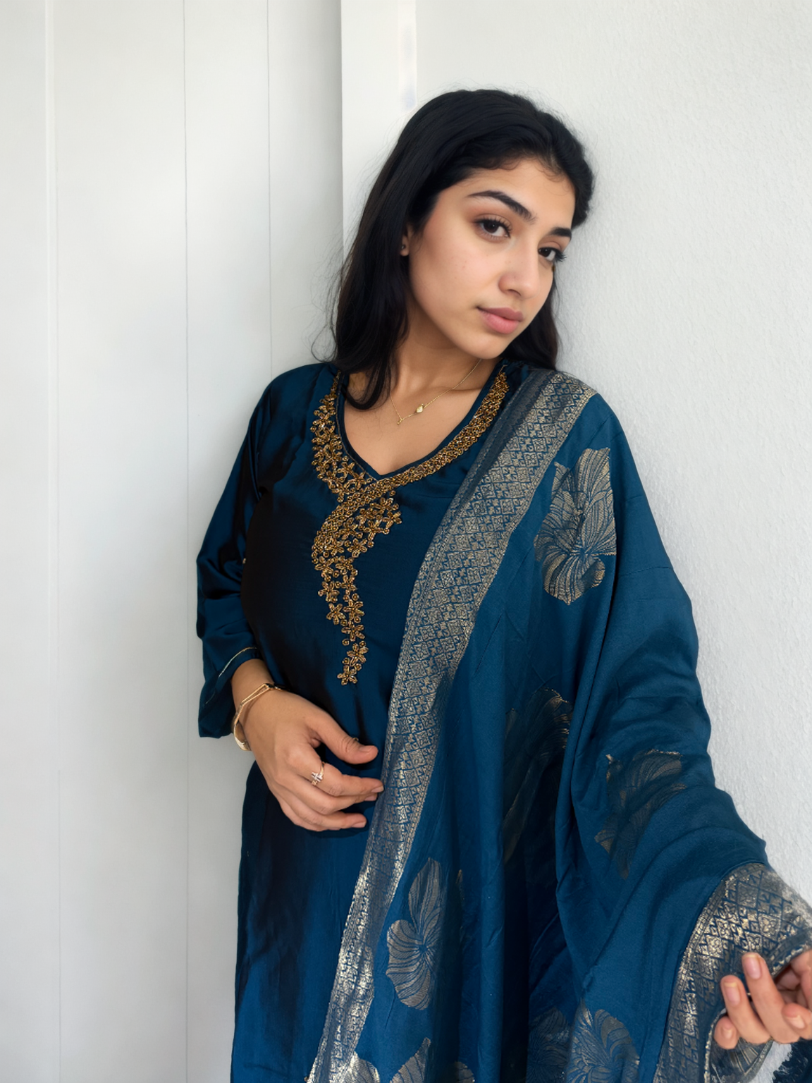 Peacock Blue Rangila Silk Suit with Hand Embroidery & Foil Muslin Dupatta