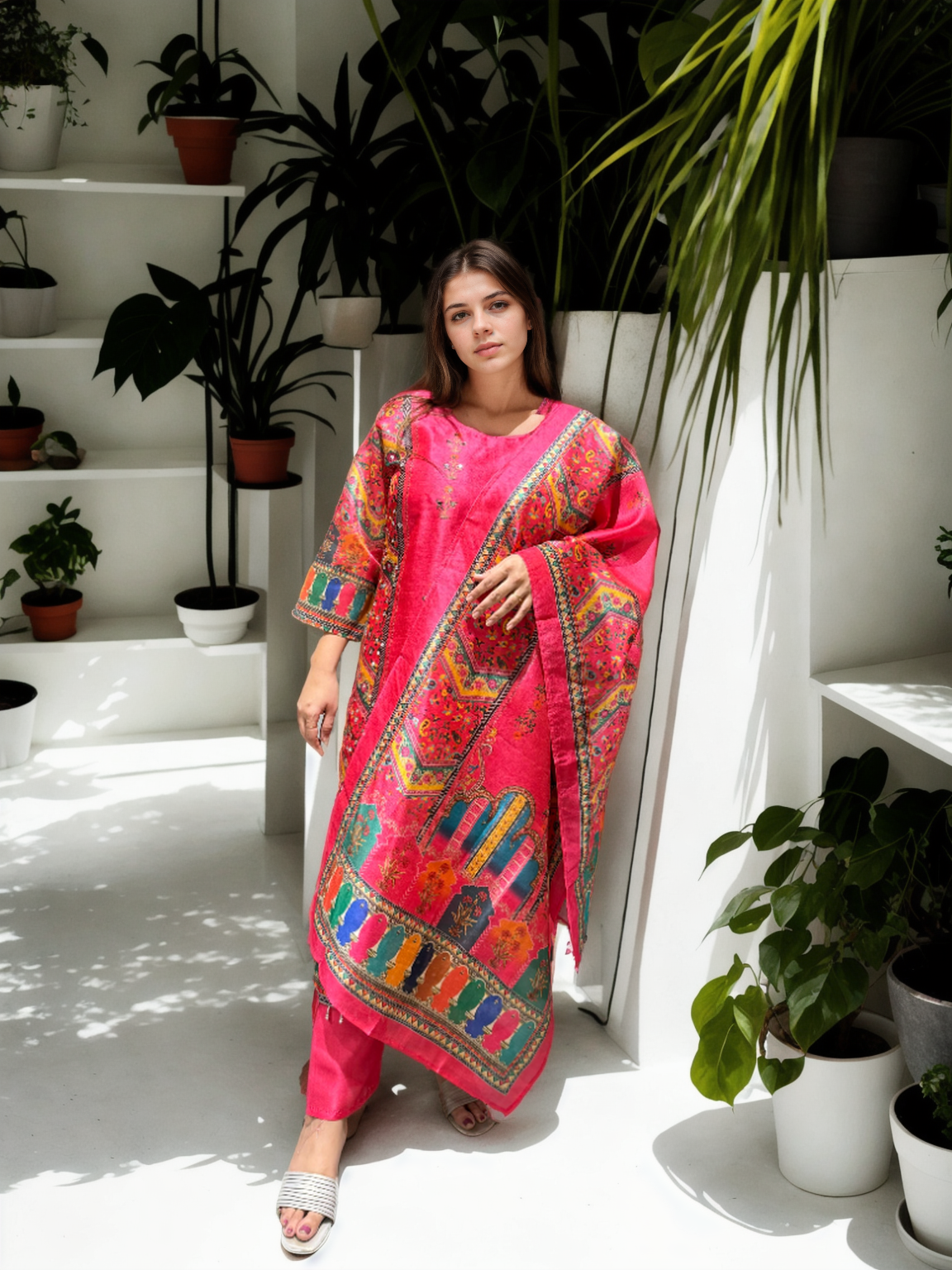 Hot Pink Gadwal Silk Mirror Work Suit Set with American Cotton Inner