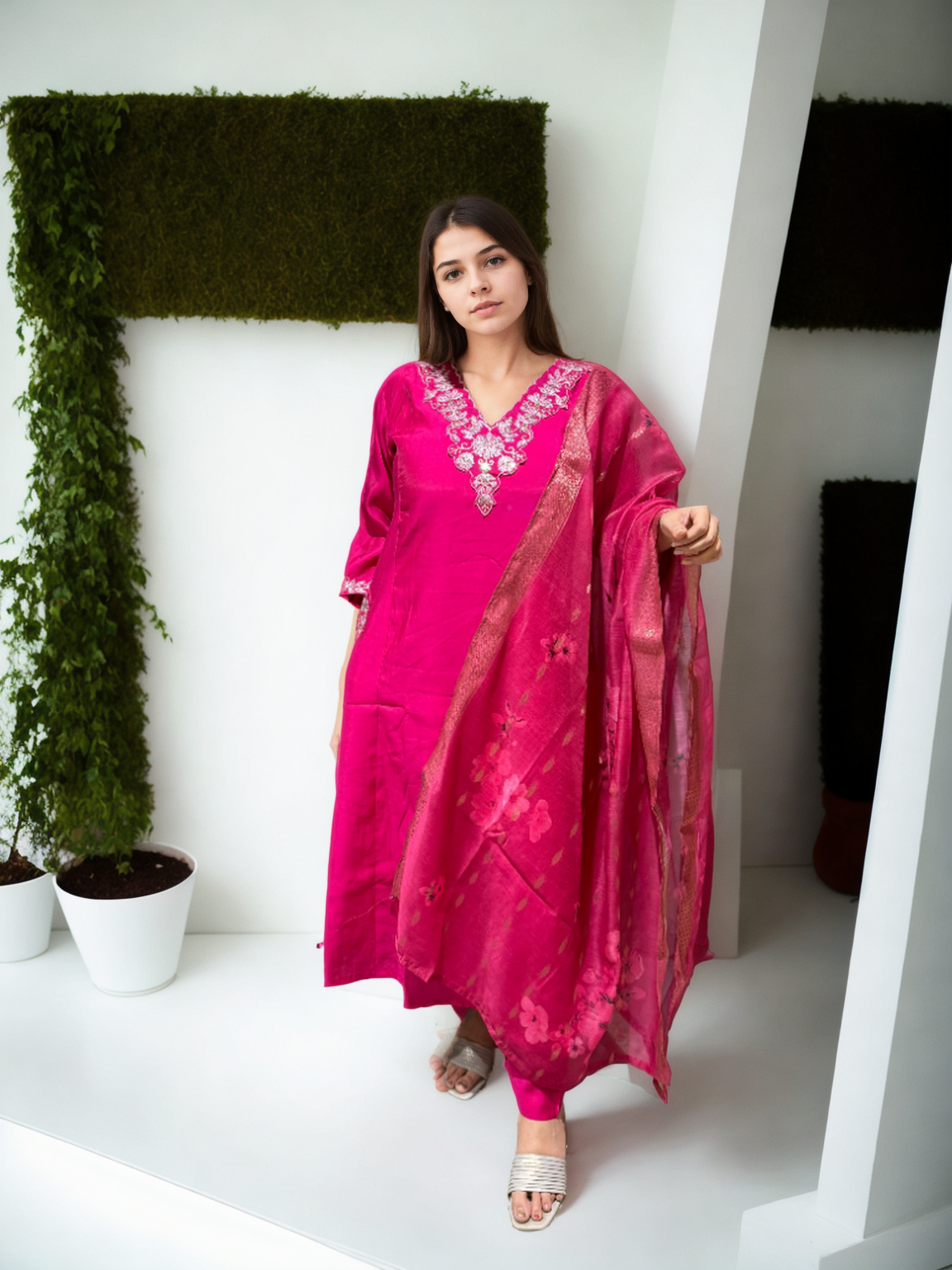 A-Line Suit Set with Chanderi Dupatta & Hand Embroidery