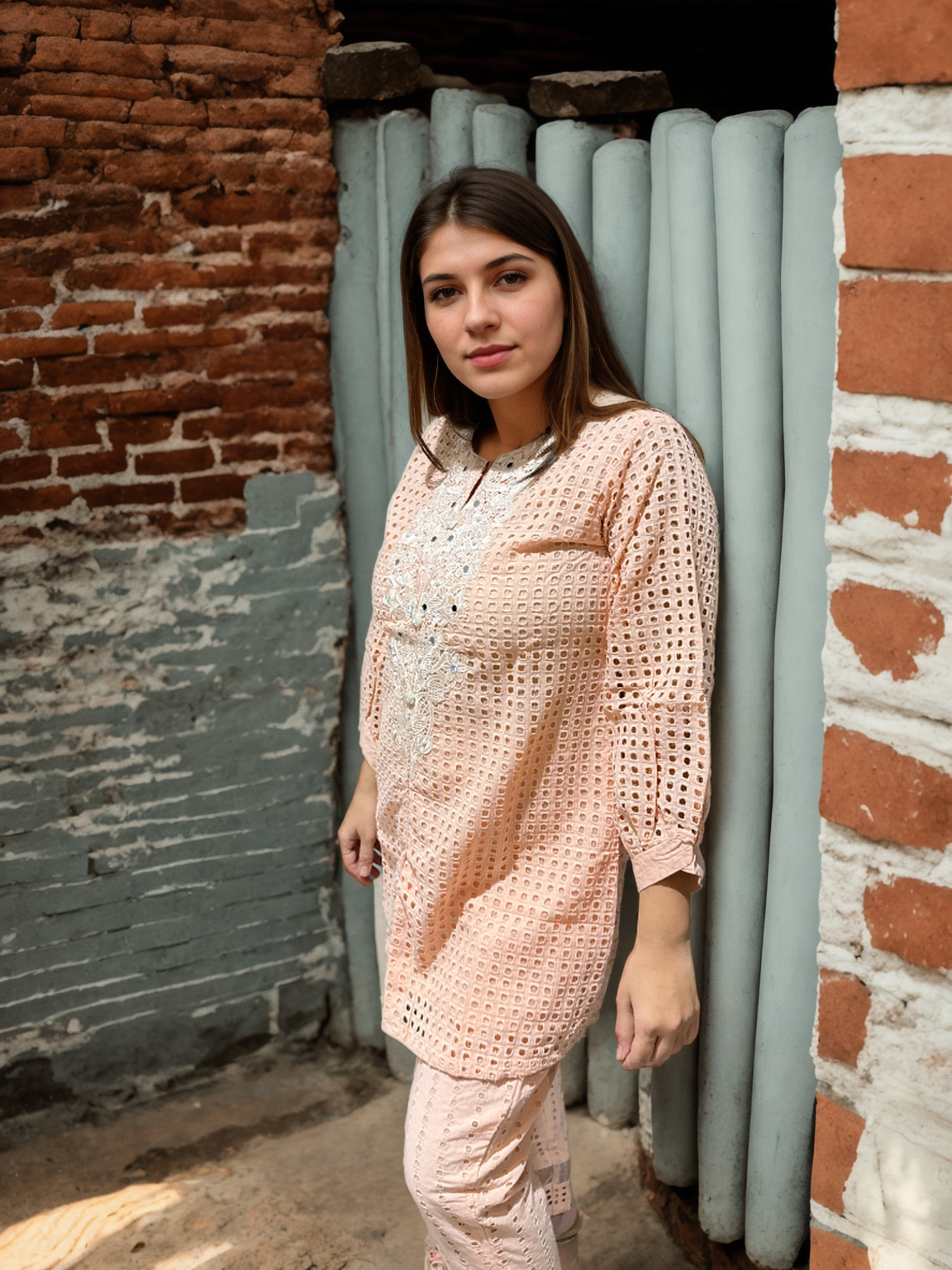 Gulnaar Blush Pink Coord Set with Cutwork & Embroidered Yoke |Signature Collection