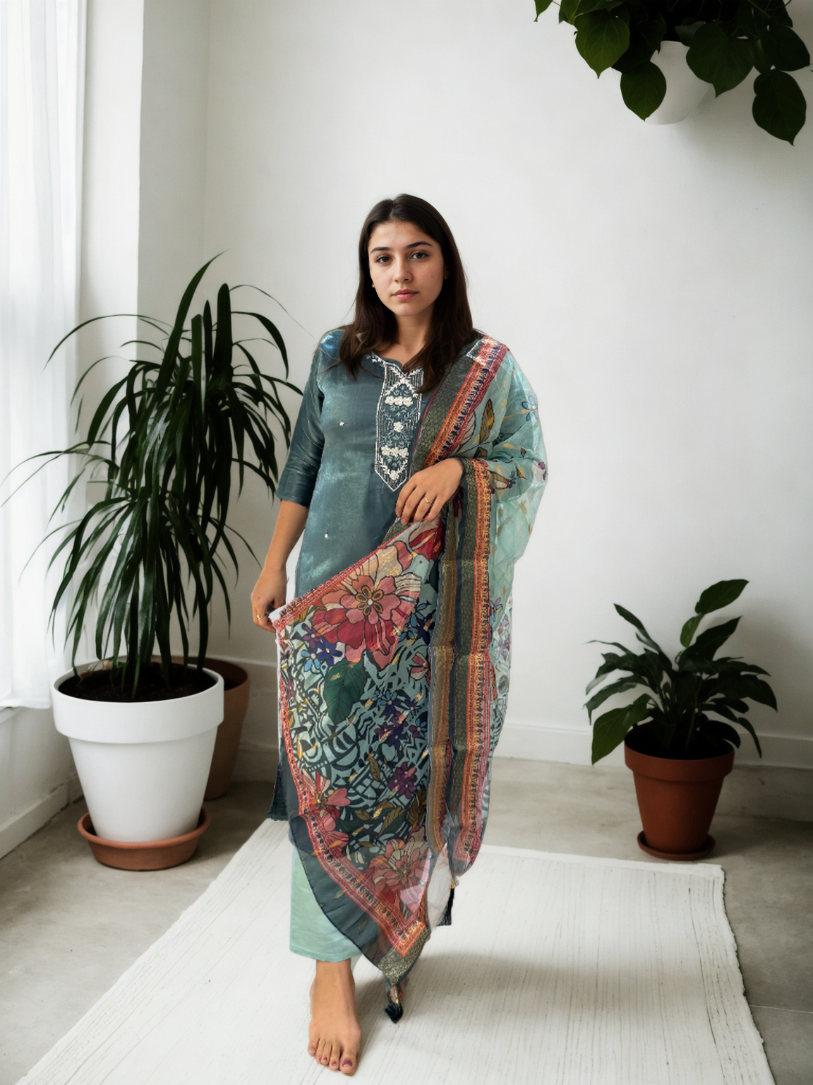 Royal Radiance: Mirror-Work Suit with Floral Digital Dupatta