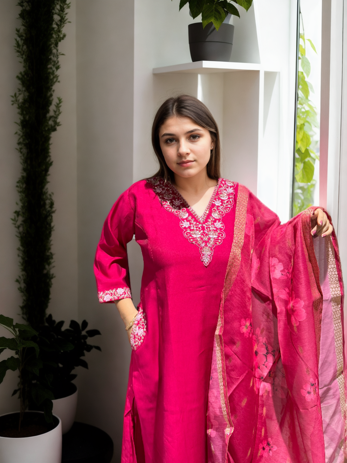A-Line Suit Set with Chanderi Dupatta & Hand Embroidery