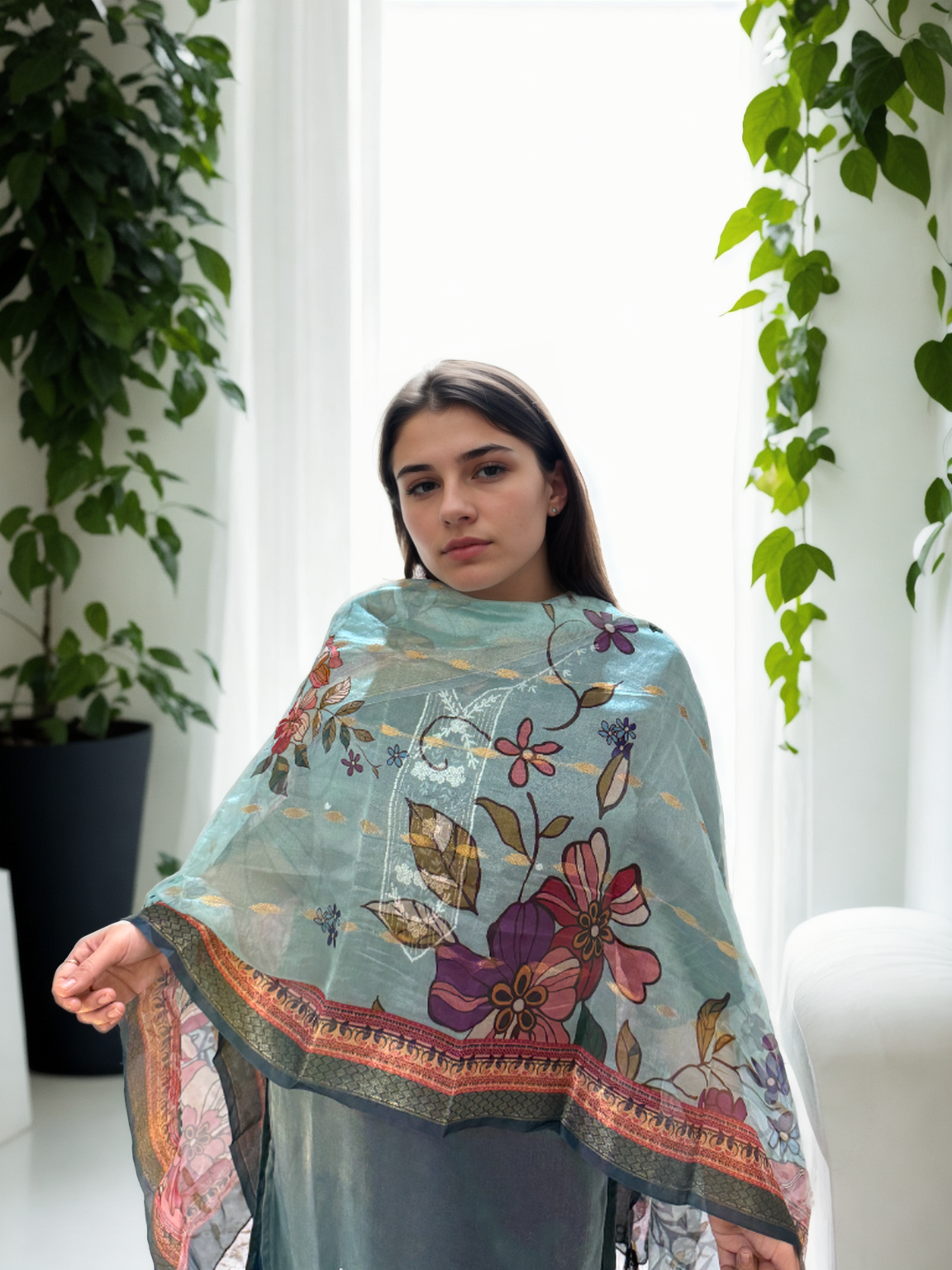 Royal Radiance: Mirror-Work Suit with Floral Digital Dupatta