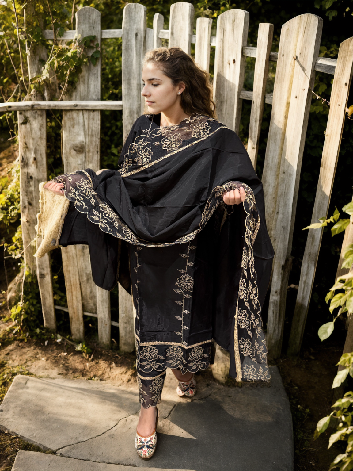 Noir Elegance - Roman Silk Embroidered Suit Set