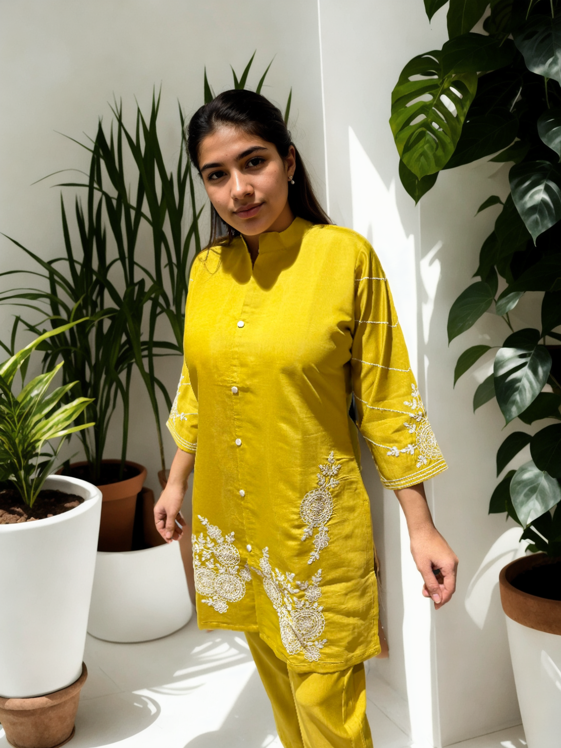 Elegant Embroidered Co-ord Set in Roman Silk – Pink | Yellow