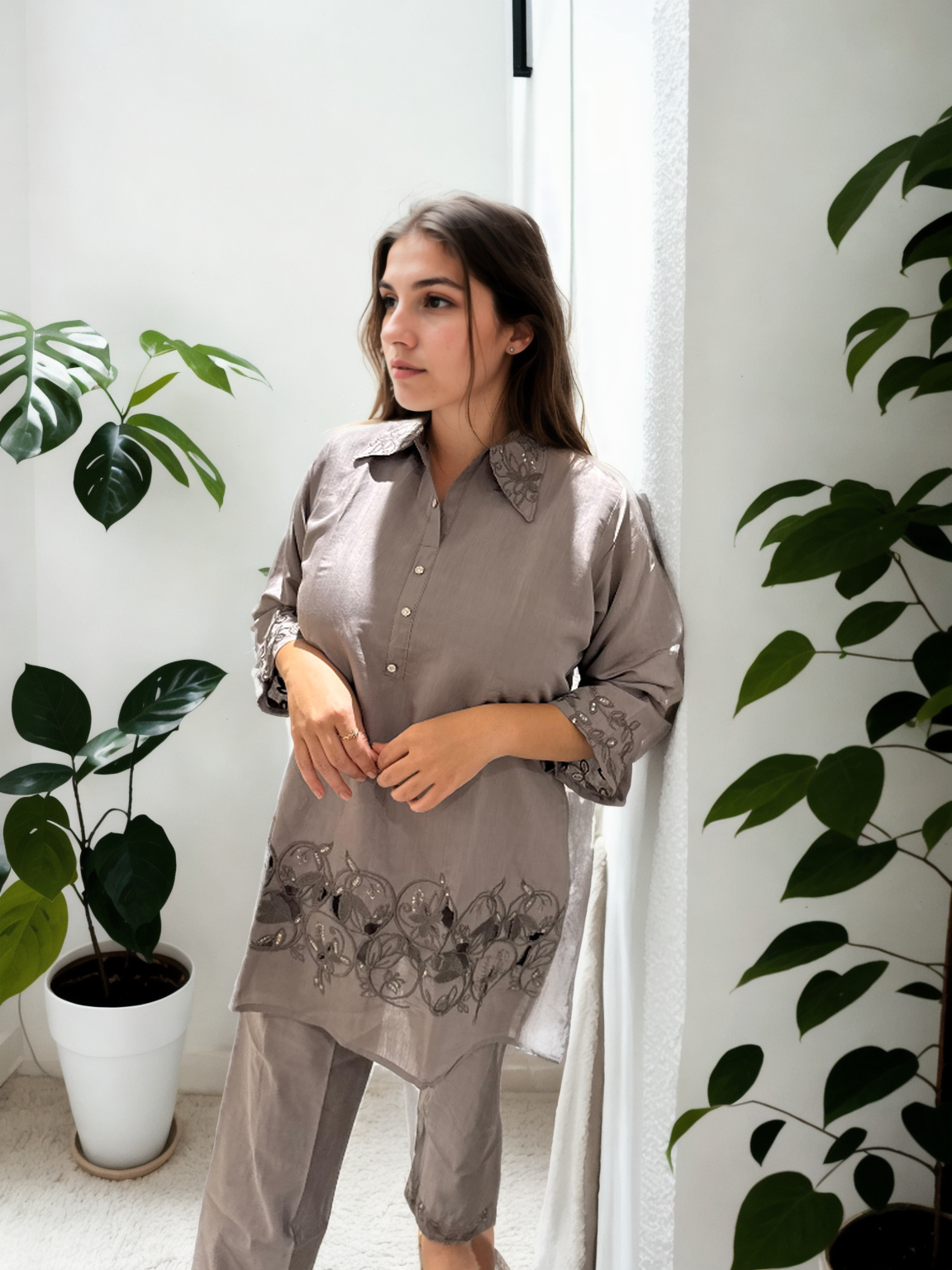 Ziva Cutwork Coord Set – Roman Silk | M to XXL