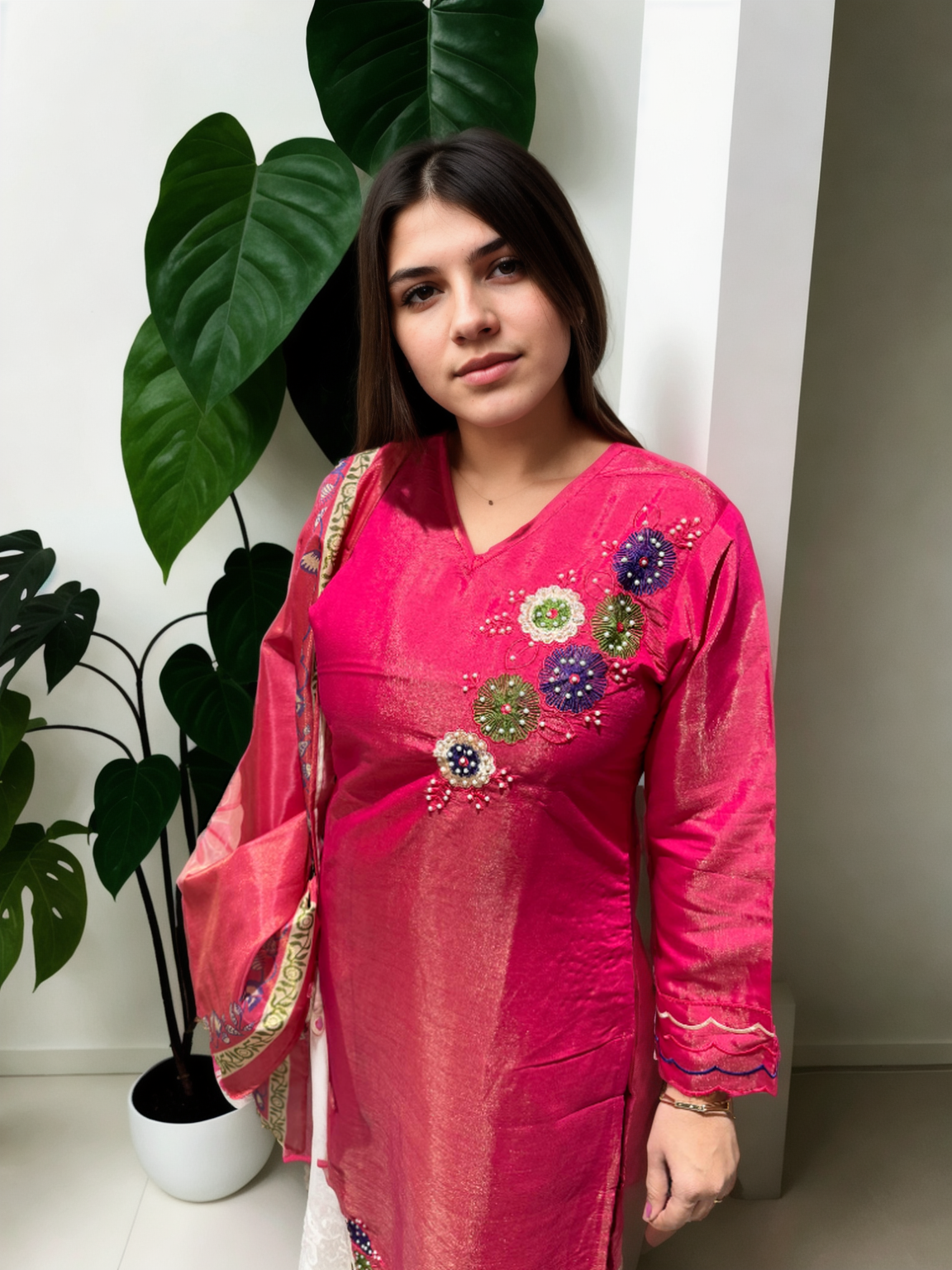 🌟 Shimmer Silk Suit with Digital Dupatta, Embroidery & Pearl Handwork – 3 Colors 🌟