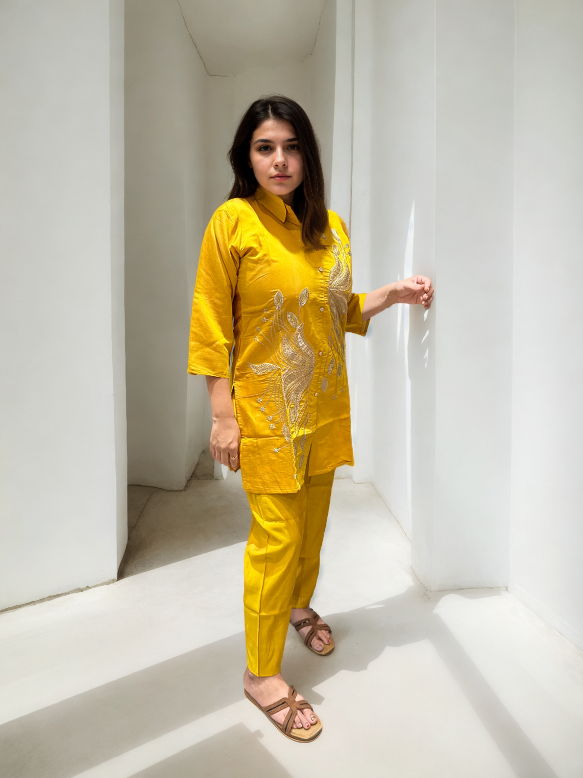Peacock Bloom Embroidered Coord Set in Roman Silk (WITH INNER)