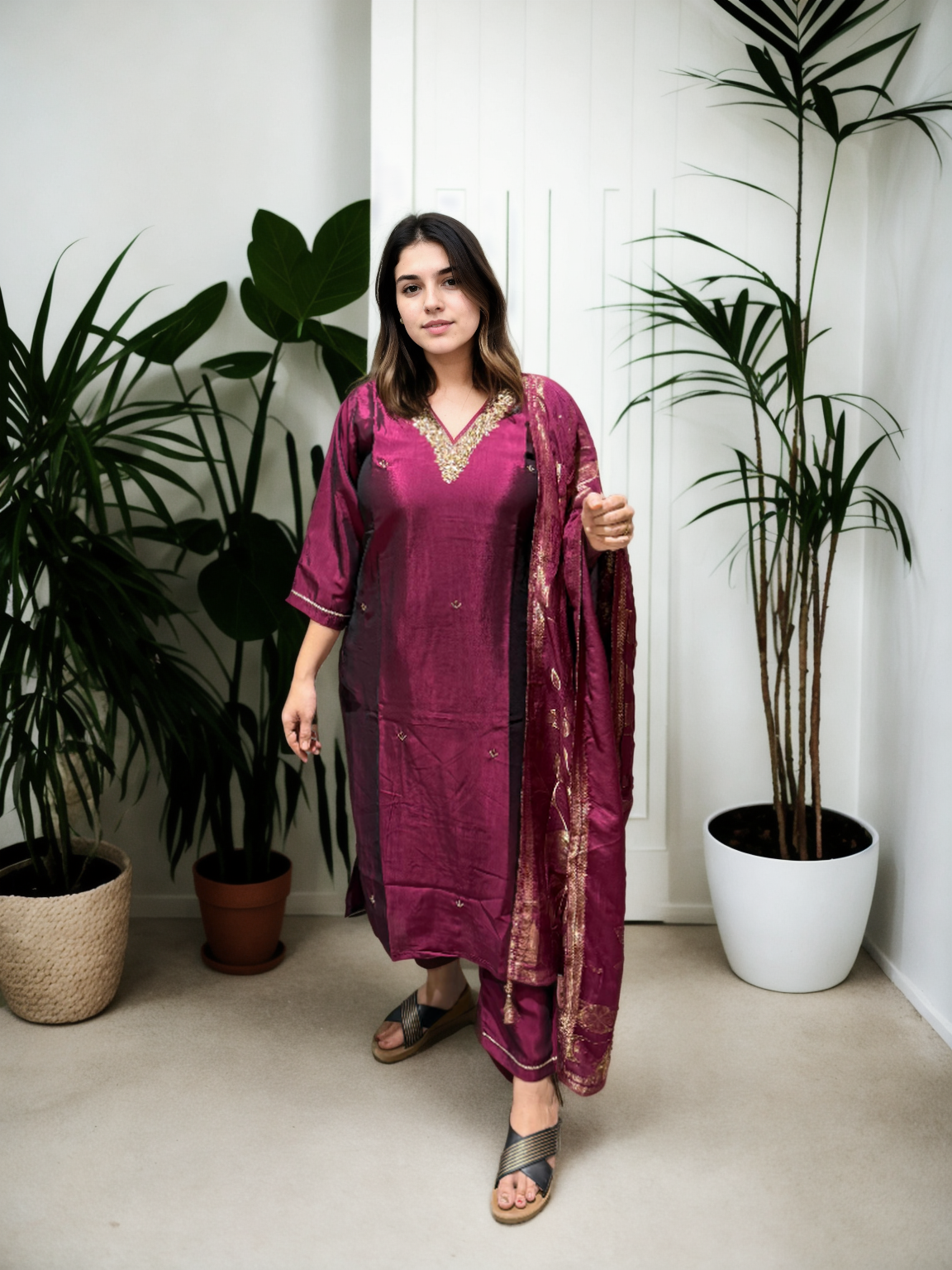 Rangila Silk Suit Set with Handwork & Muslin Dupatta (Latkan Detail) – M to XXL