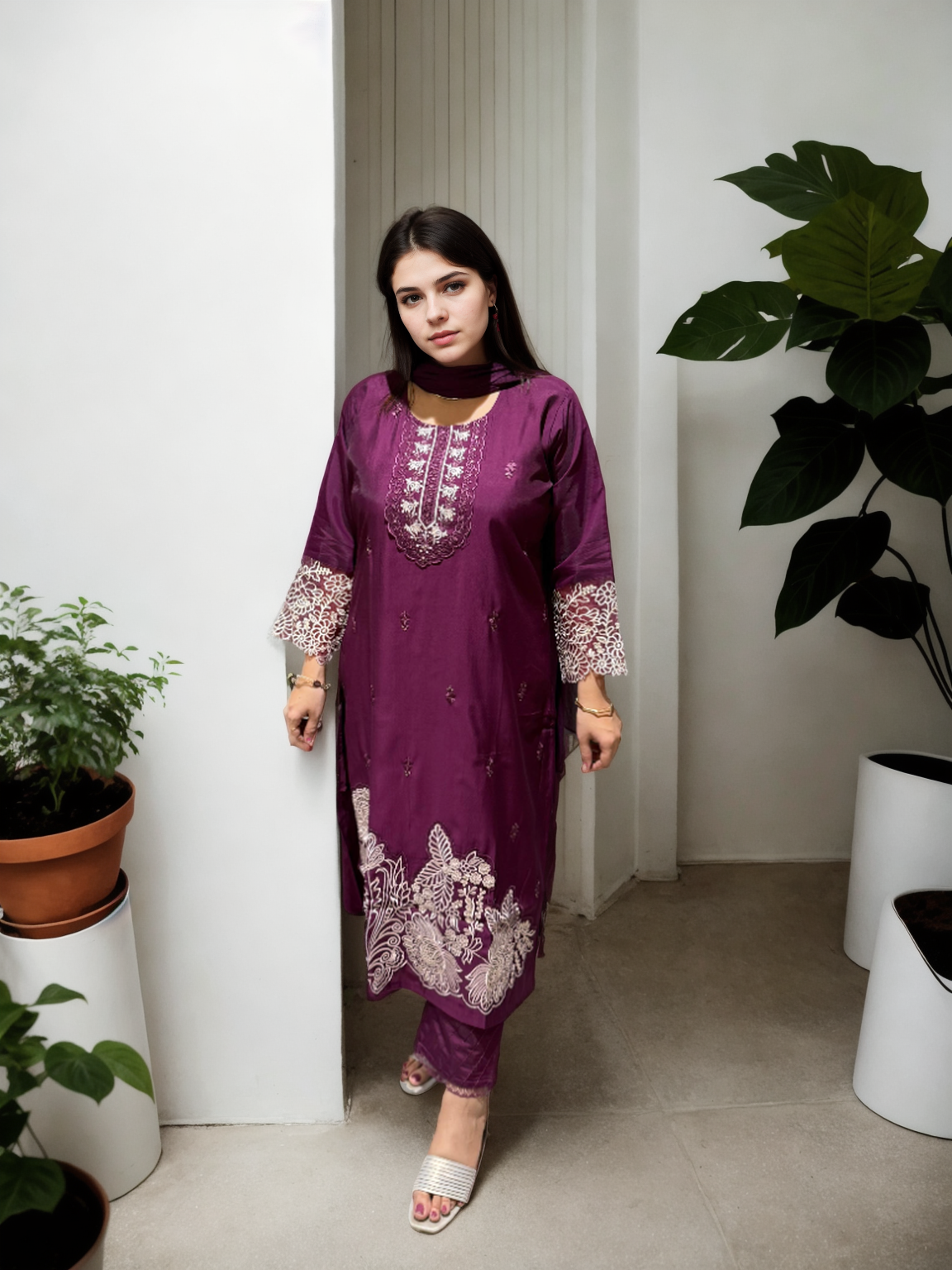 Embroidered Roman Silk Suit Set with Organza Sleeves & Cotton Naznin Dupatta – Signature Edition (5 Colors)