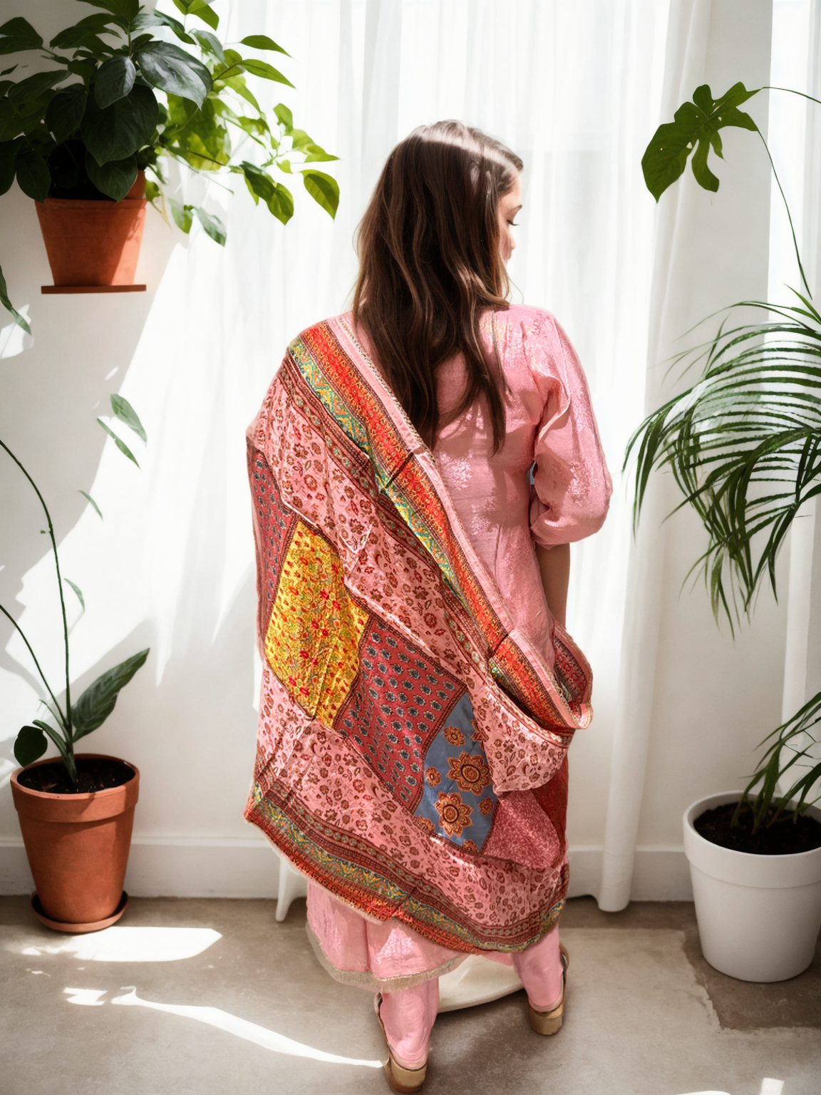 Pink Jacquard Suit with Digital Peacock Embroidery | Signature Collection