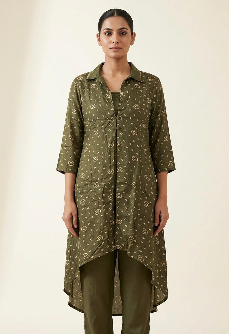 Printed Chino 3-Piece Set with Handwork Collar – Spaghetti Top, Pants & Shrug
