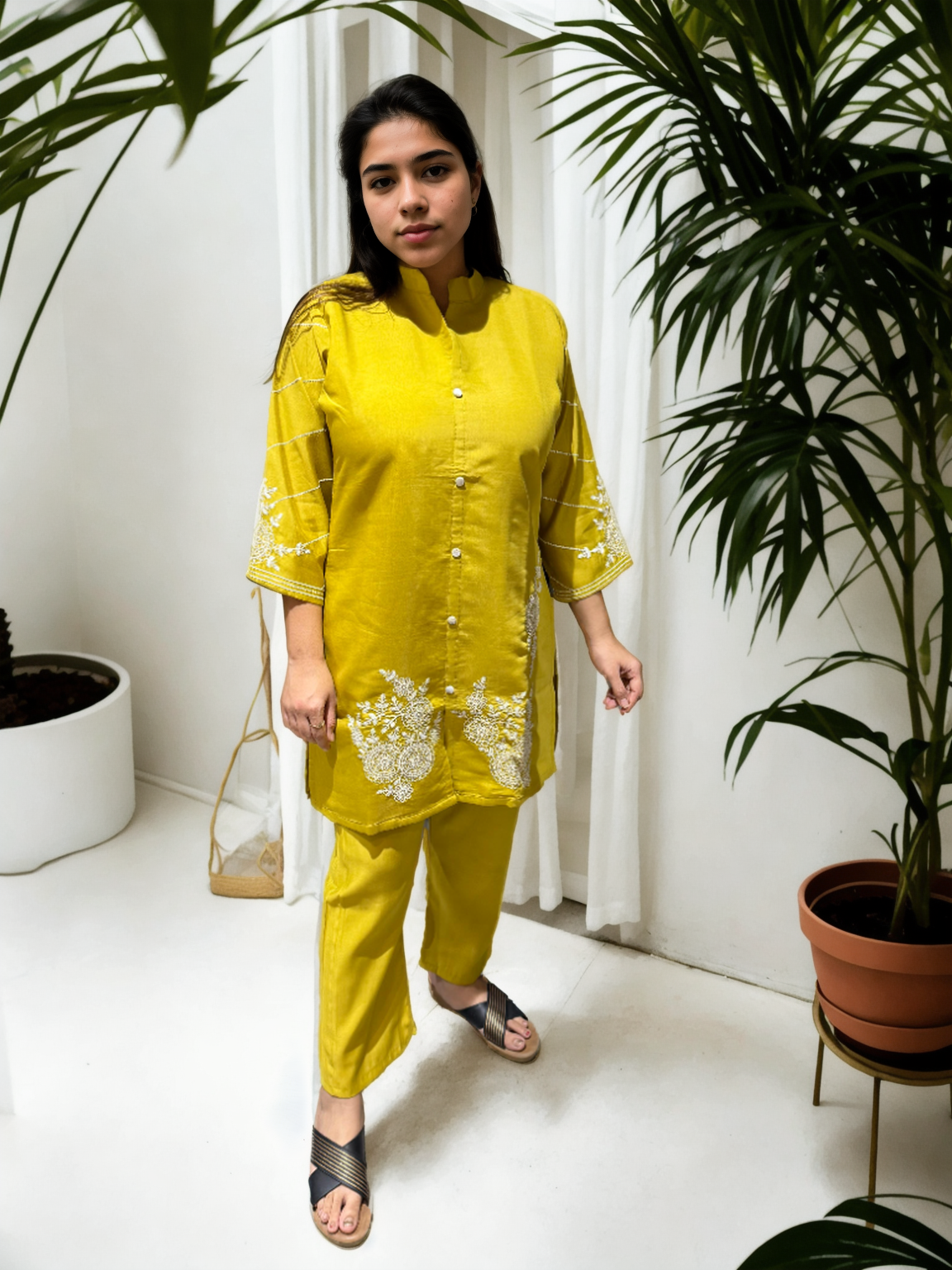 Elegant Embroidered Co-ord Set in Roman Silk – Pink | Yellow