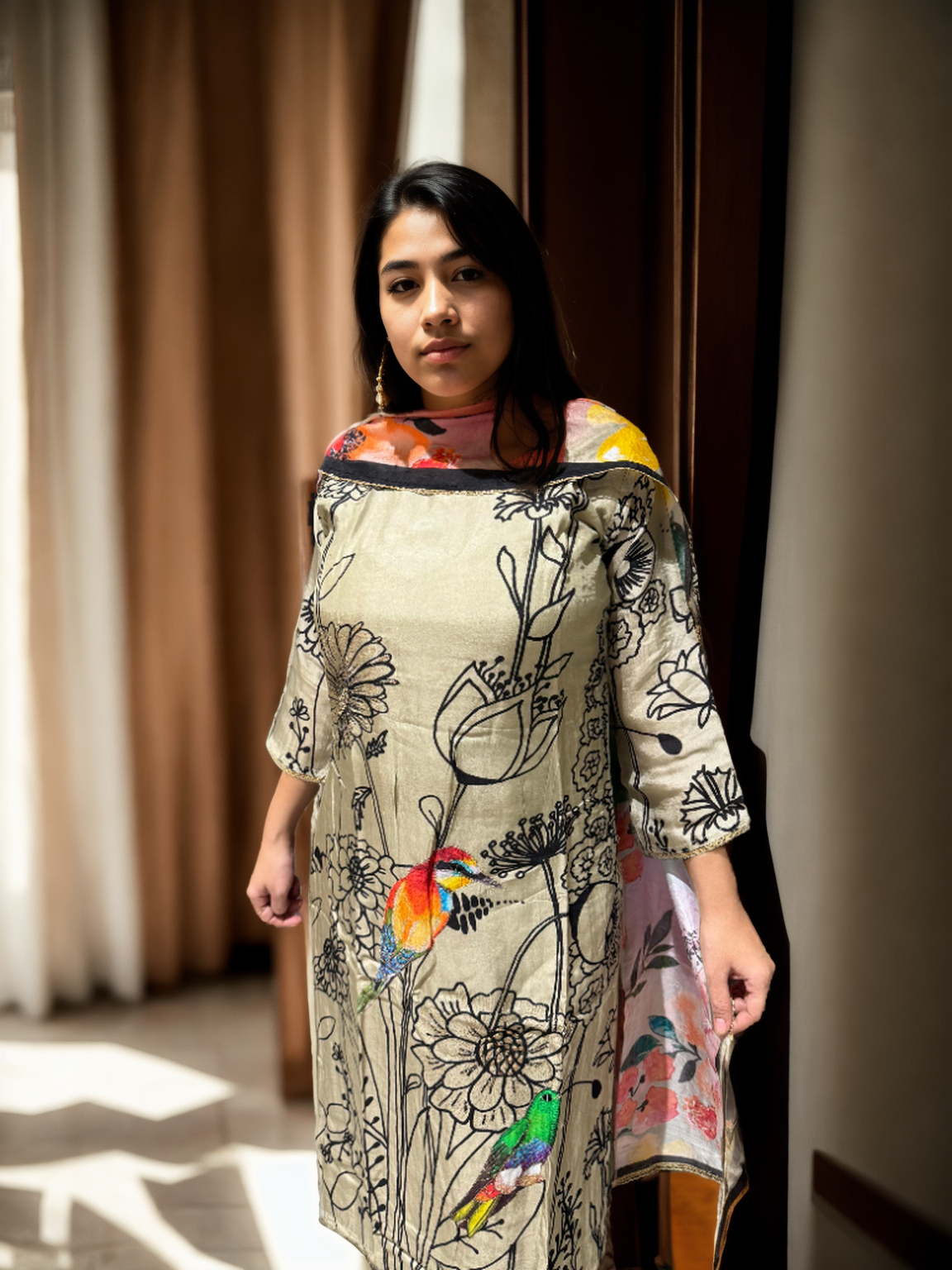 Parindey Pure Silk Suit Set with Bird Embroidery & Multicolor Dupatta | Signature Collection