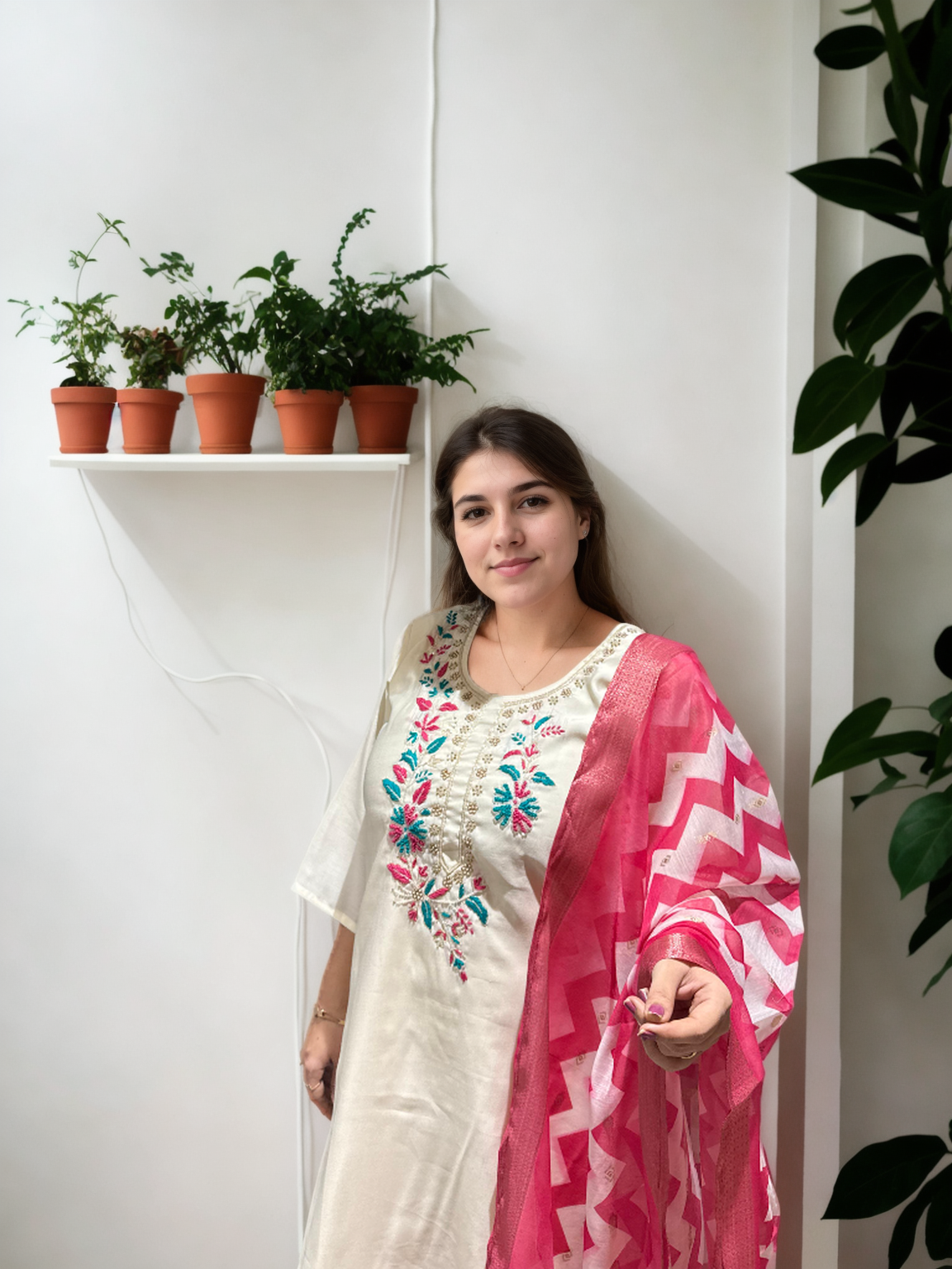 Elegant Roman Silk Suit with Hand Embroidered Neckline & Printed Chanderi Dupatta – Off White