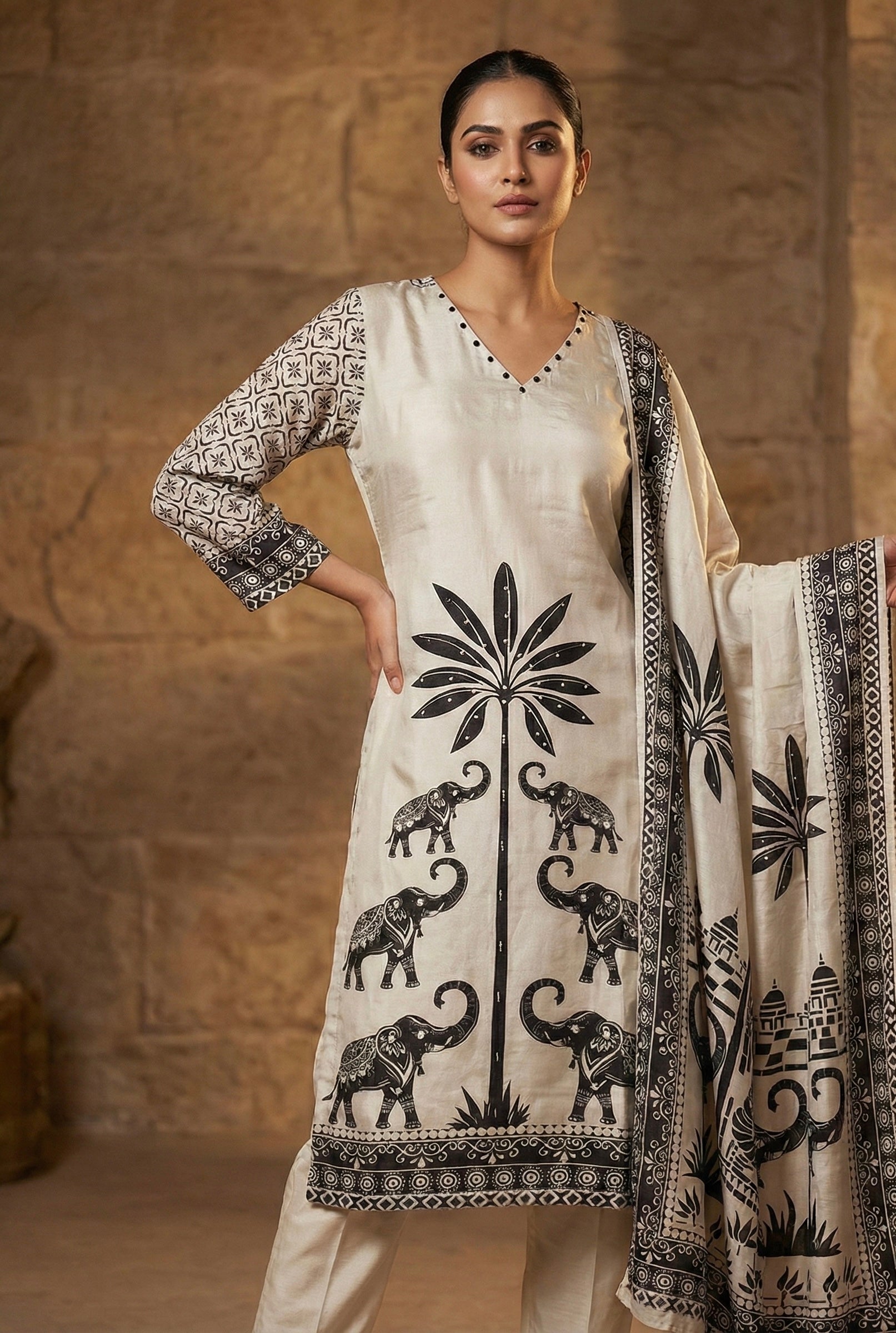 The 'Gajraj' Signature Set: Premium Russian Silk Suit with Handcrafted Neckline & Contemporary Elephant Print