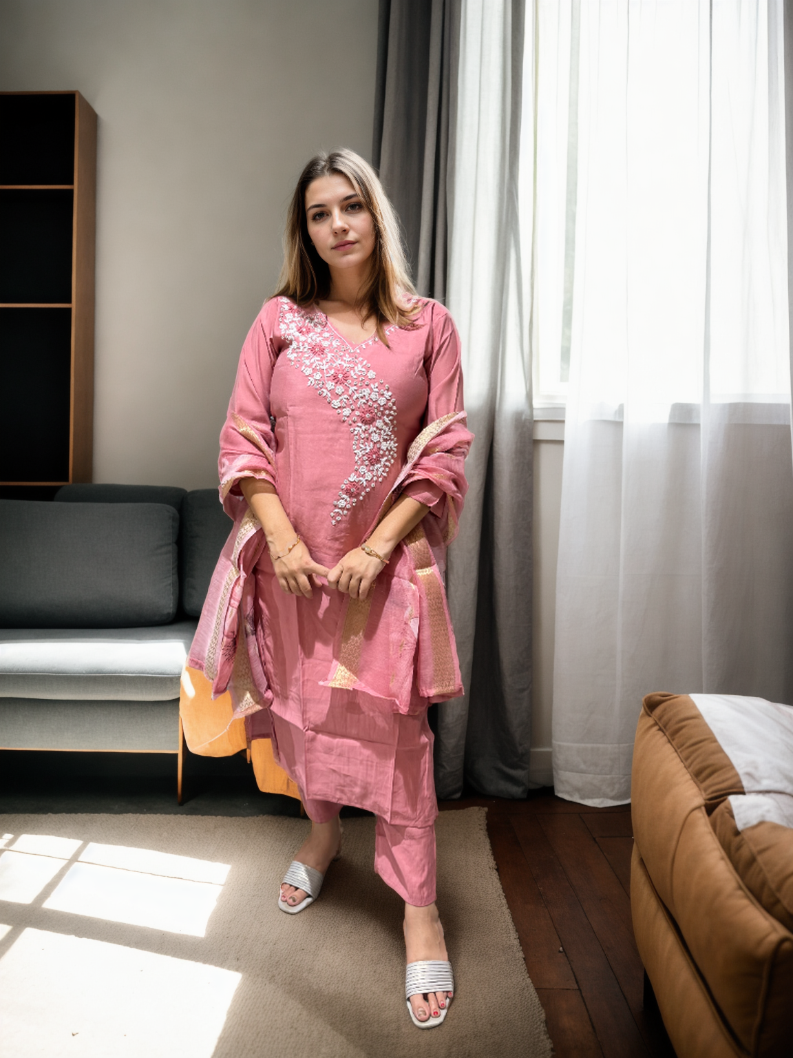 MeeraSetu Roman Elegance – Rose Pink Handwork Kurti Set with Chanderi Dupatta