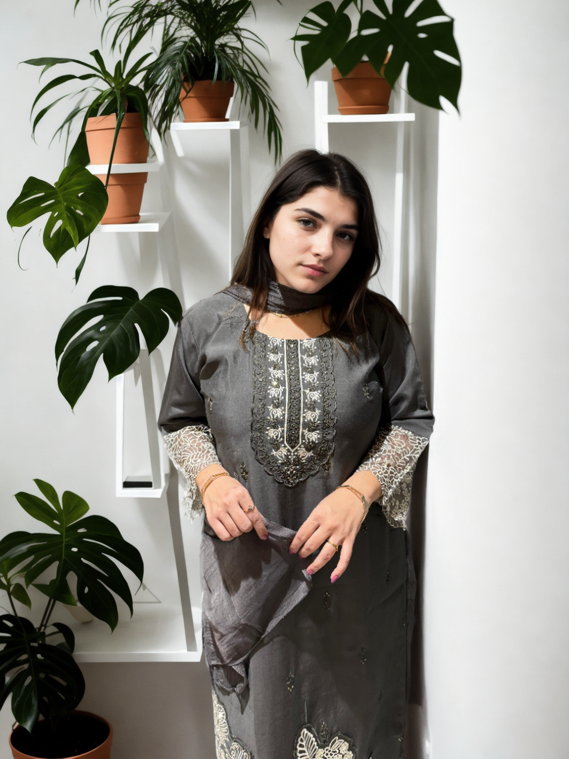 Embroidered Roman Silk Suit Set with Organza Sleeves & Cotton Naznin Dupatta – Signature Edition (5 Colors)