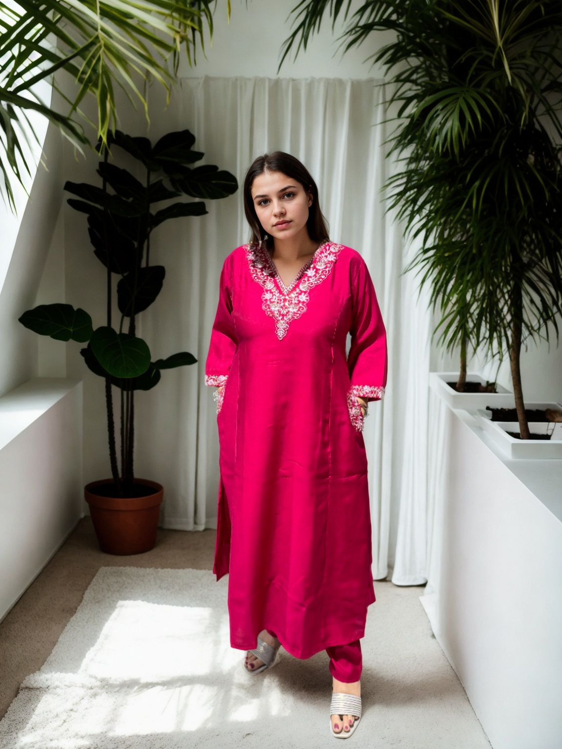 A-Line Suit Set with Chanderi Dupatta & Hand Embroidery