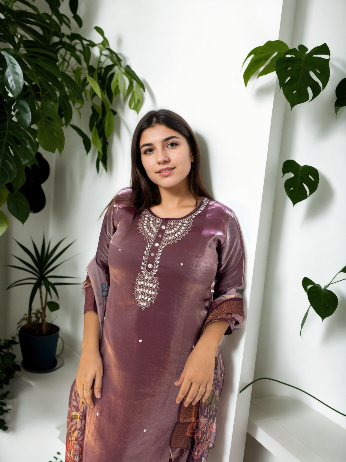 Royal Radiance: Mirror-Work Suit with Floral Digital Dupatta