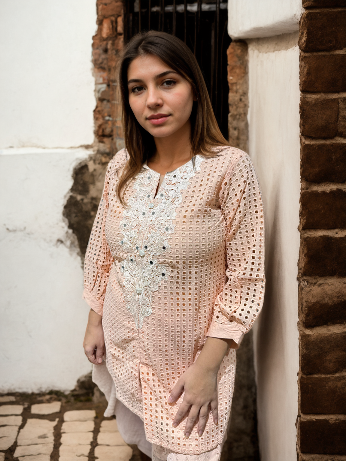 Gulnaar Blush Pink Coord Set with Cutwork & Embroidered Yoke |Signature Collection