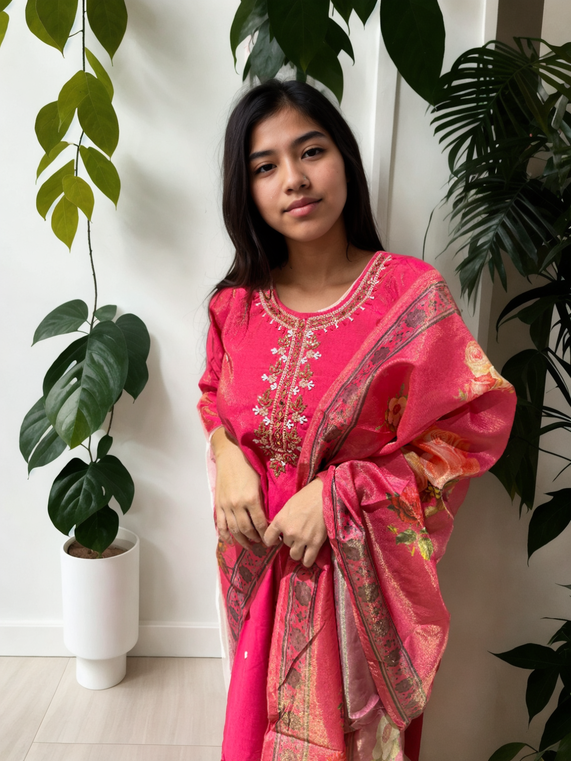 Shimmer Suit Set with Handwork & Floral Muslin Dupatta – Festive Glow