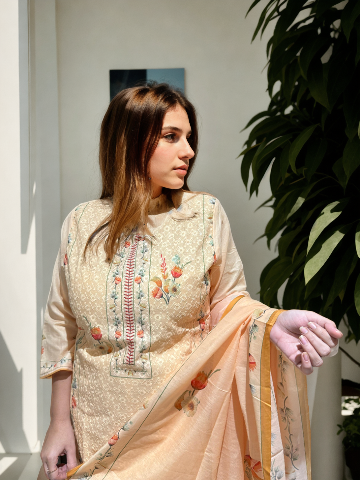 Gulaal Peach Cotton Suit Set with Mul Lining & Embroidered Dupatta | Signature Collection