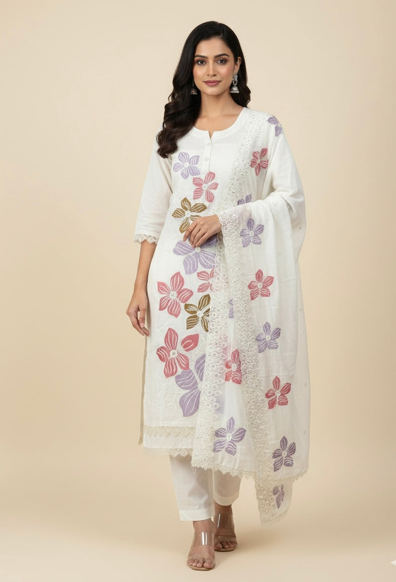 Ivory Mul Chanderi Suit Set with Hand-Embroidered Floral Dupatta 🌸