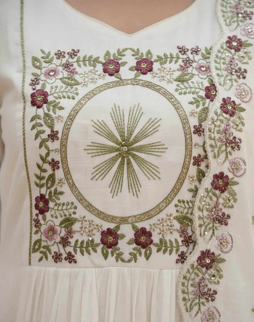 The Ethereal Ivory Mul Chanderi Embroidered Ghera Set
