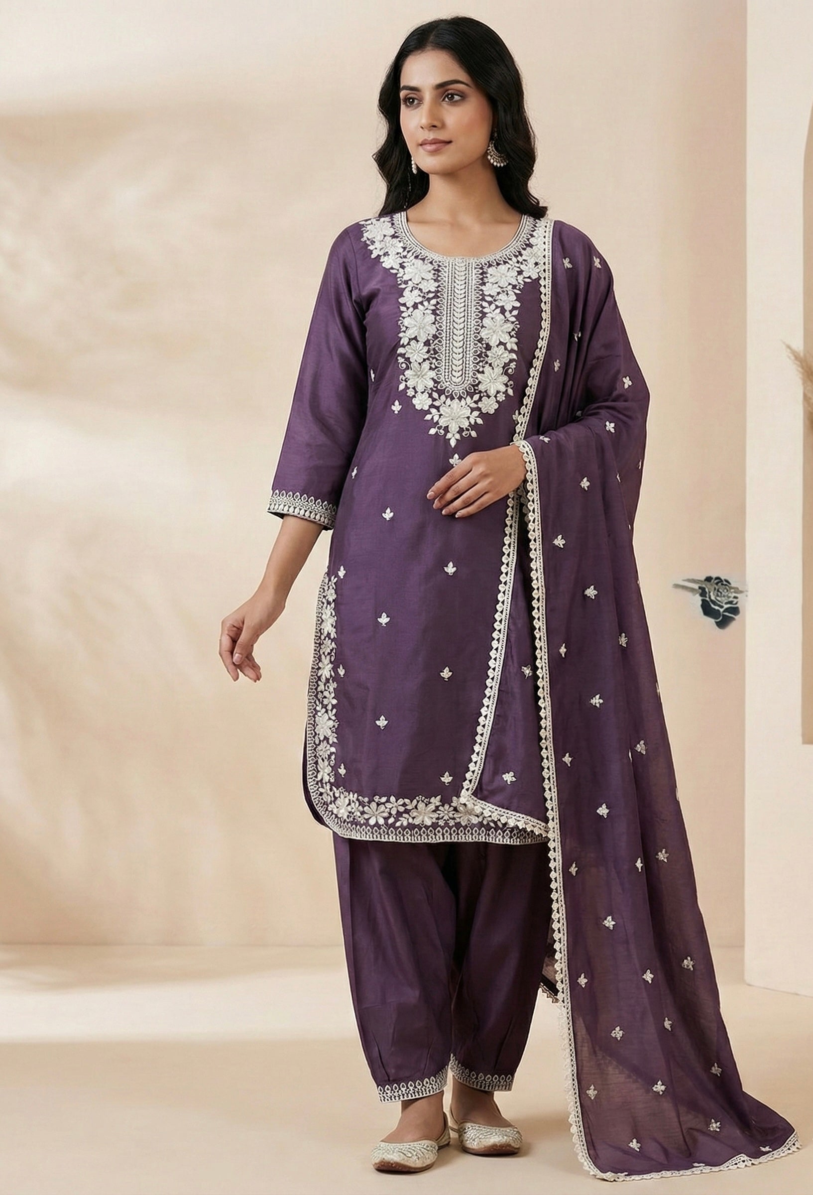 Patiala Suit Set with Hand-Embroidered Detailing & American Crepe Inner