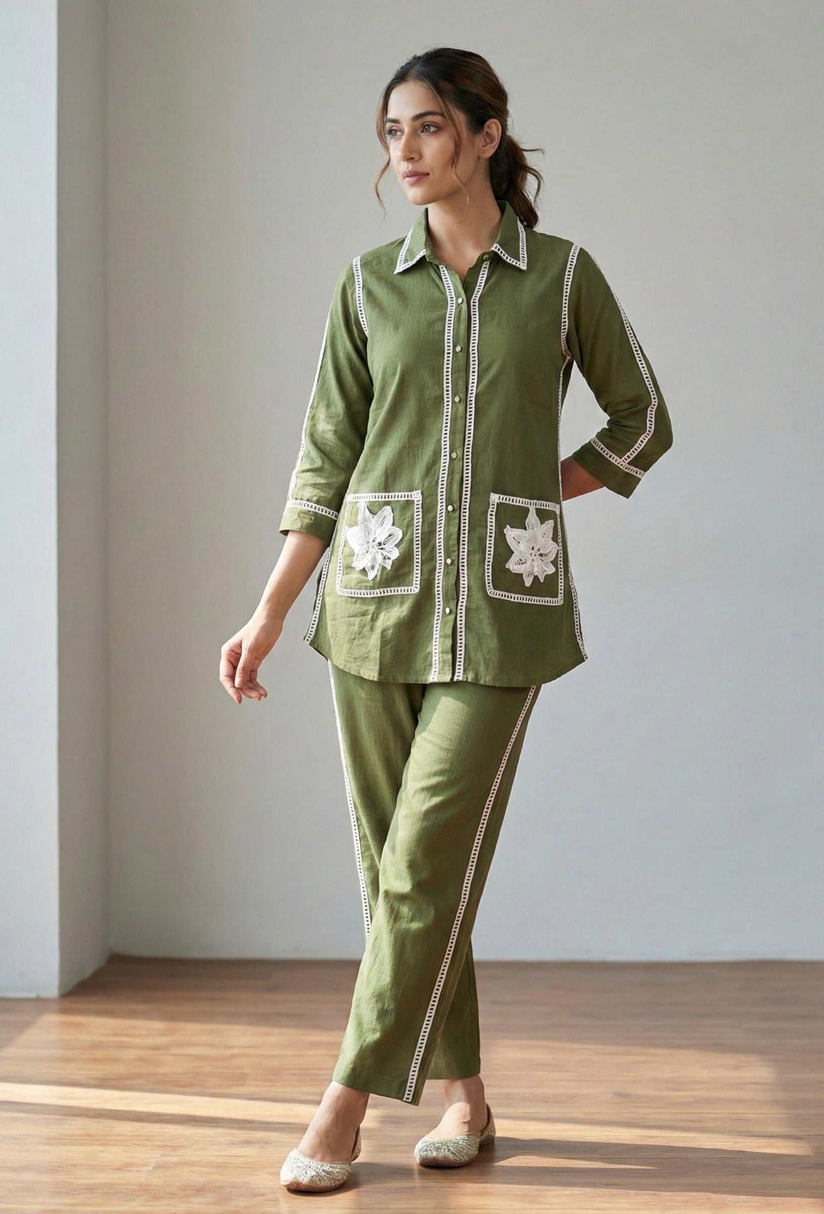 The Olive Aura: Handcrafted Khadi Cotton Co-ord Set with Lace Detailing