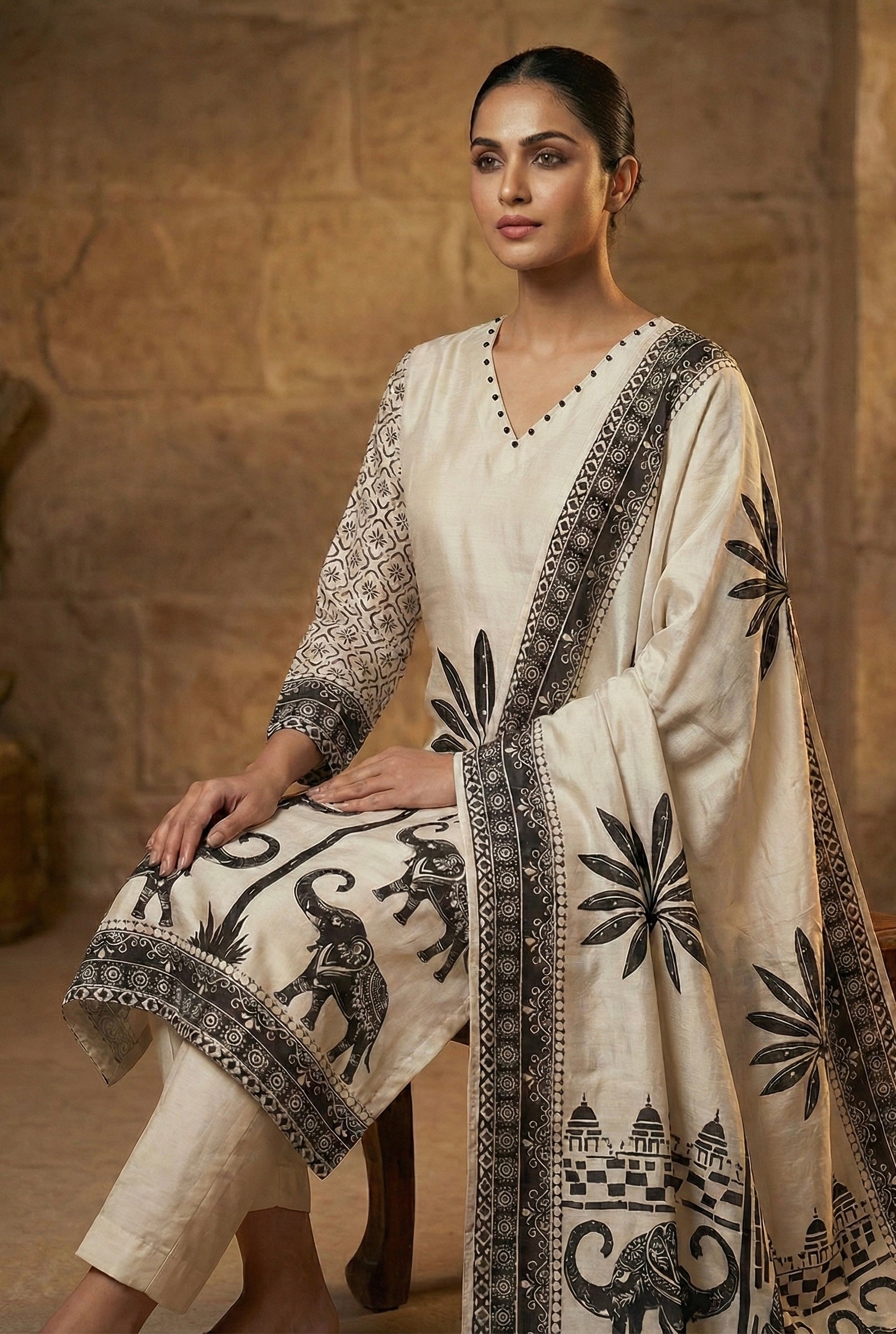 The 'Gajraj' Signature Set: Premium Russian Silk Suit with Handcrafted Neckline & Contemporary Elephant Print