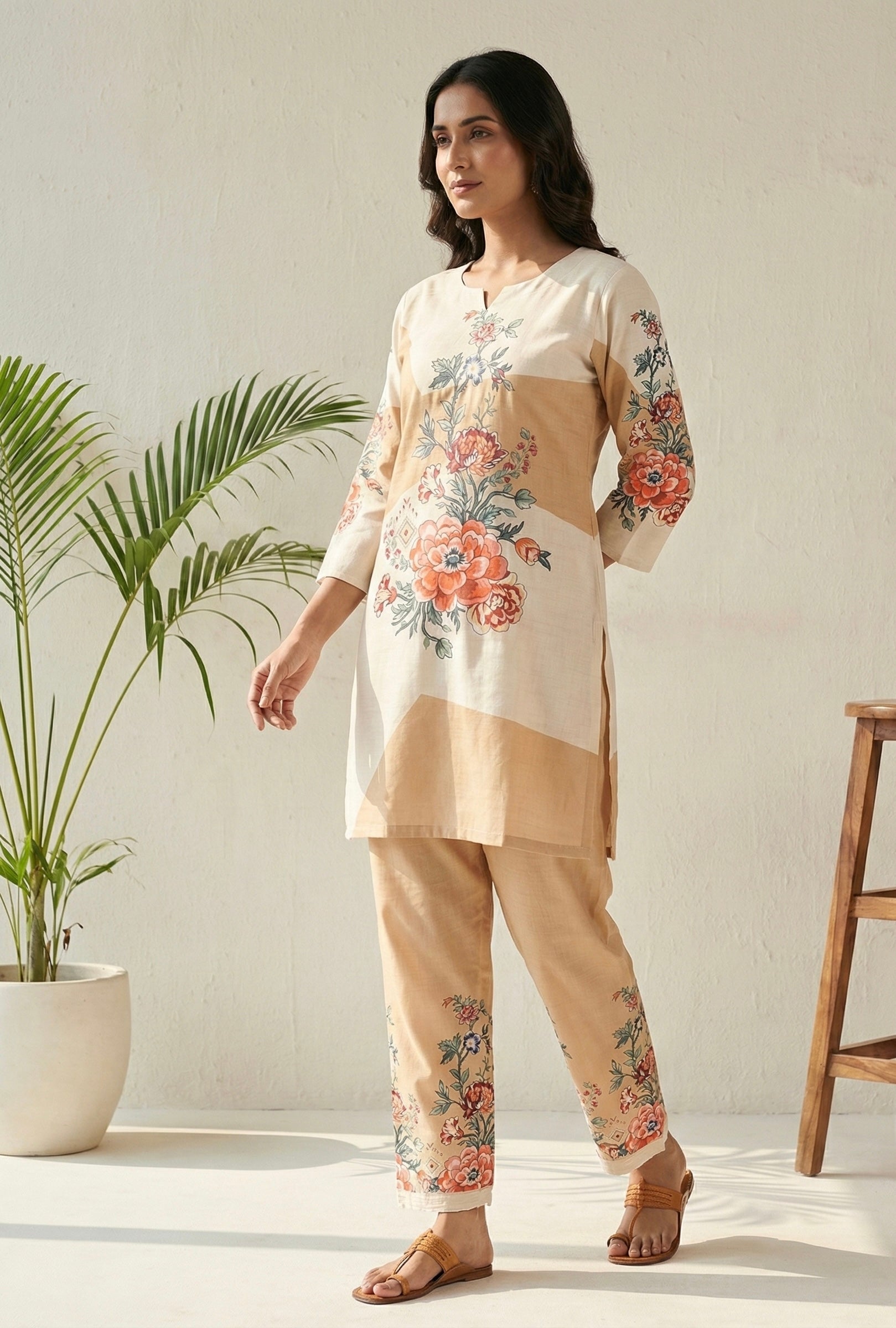 Beige & Ivory Floral Printed Cotton Coord Set