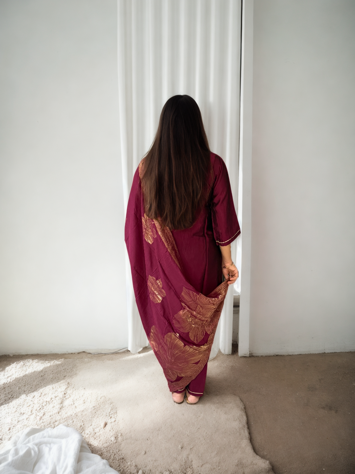 Wine Rangila Silk Suit with Intricate Handwork & Foil Print Dupatta