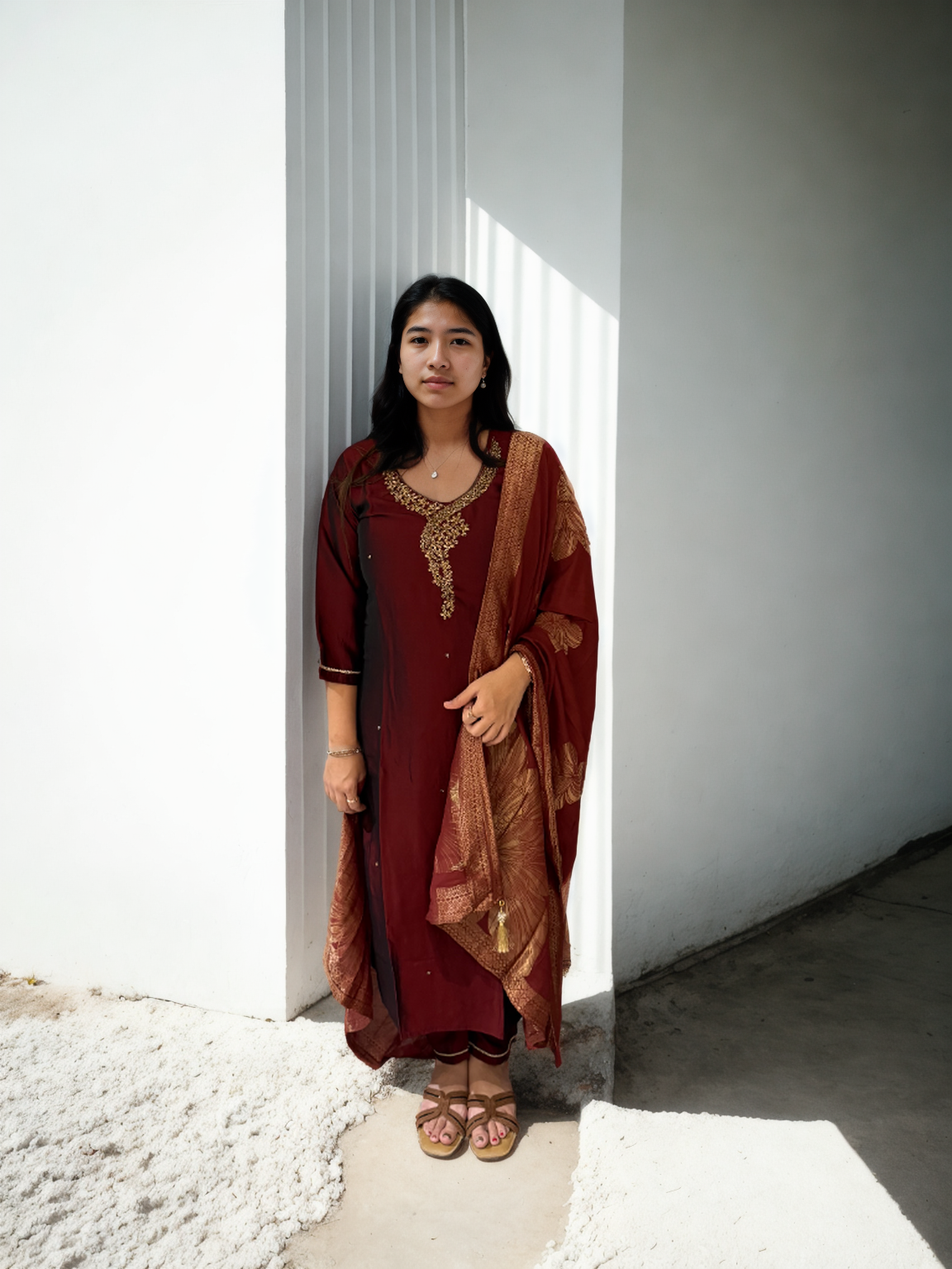 Deep Maroon Rangila Silk Suit with Hand Embroidery & Muslin Foil Dupatta