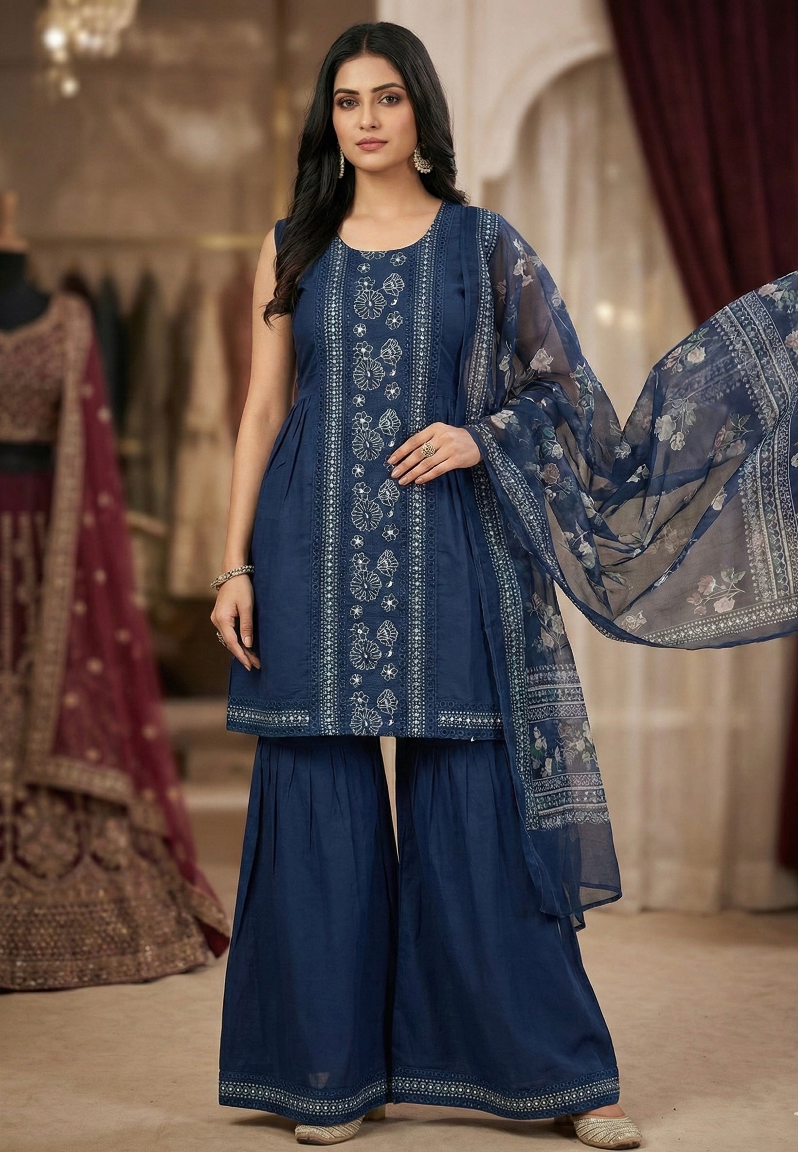 The Midnight Sapphire: Navy Blue Roman Silk Sharara Set with Floral Organza Dupatta