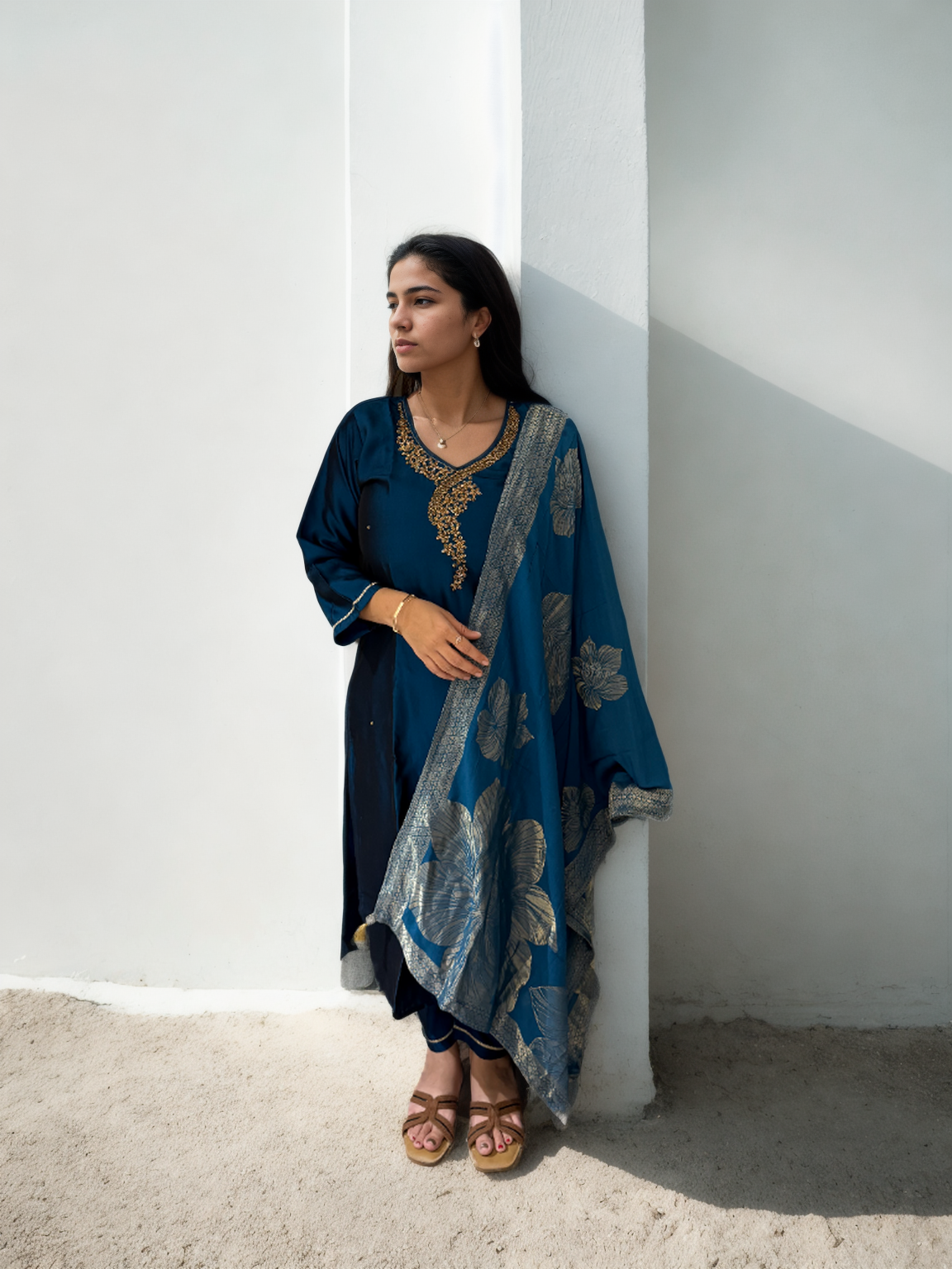 Peacock Blue Rangila Silk Suit with Hand Embroidery & Foil Muslin Dupatta