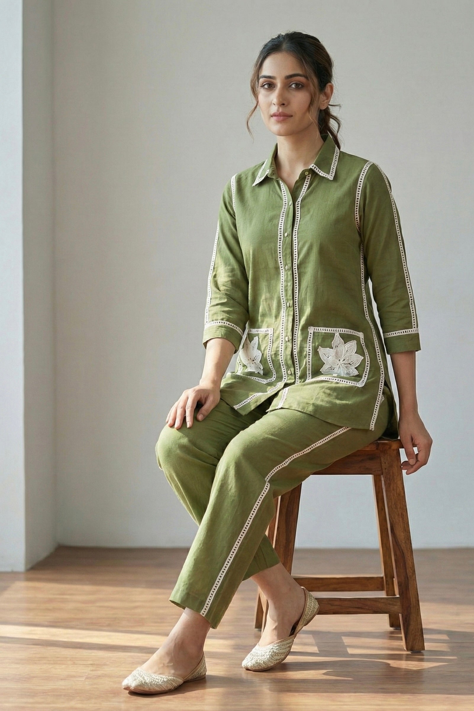 The Olive Aura: Handcrafted Khadi Cotton Co-ord Set with Lace Detailing